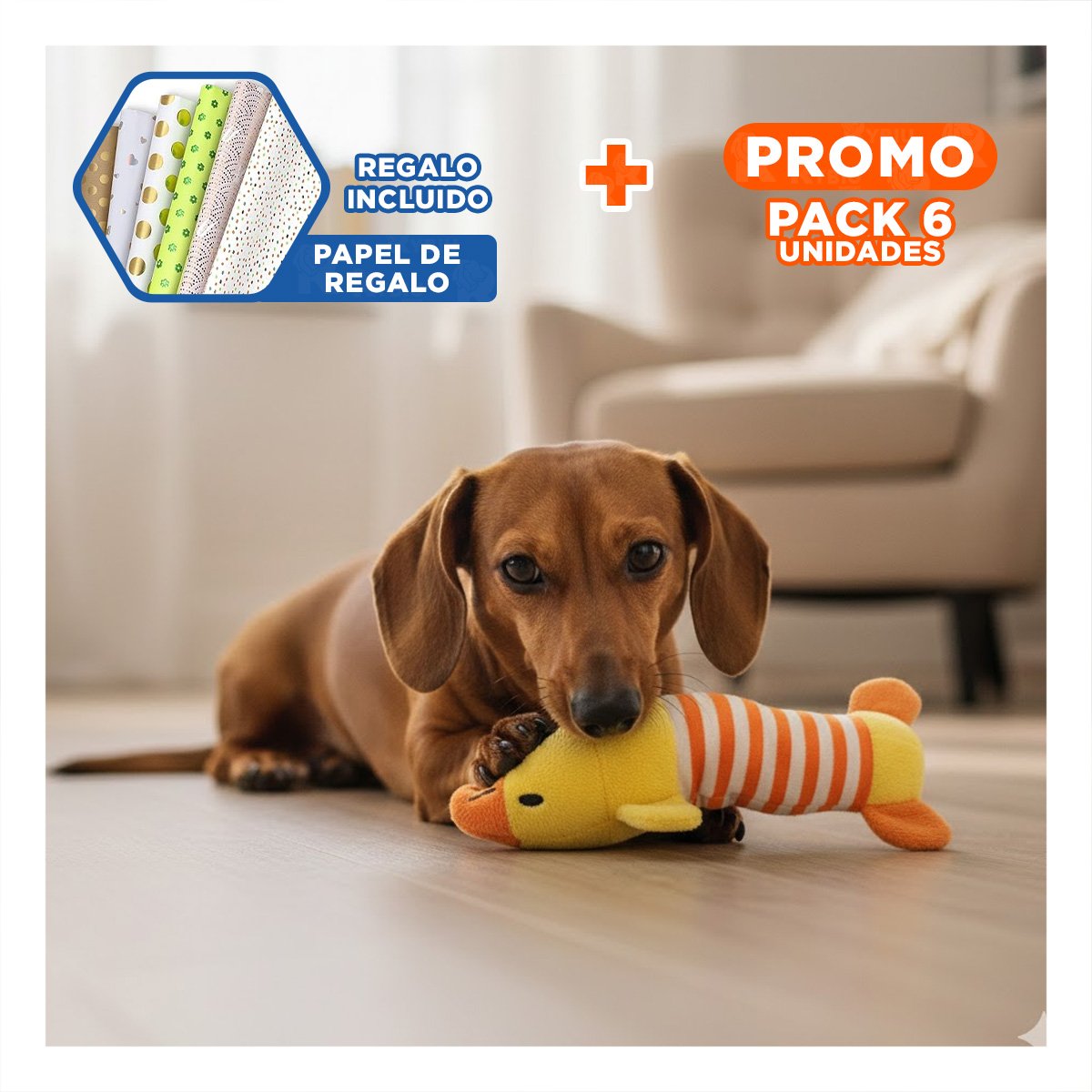 PACK6 TIERNO PATO CON SONIDO CHIRRIANTE Y SUAVE AMARRILLO Y NARANJA Y+PAPEL REGALO - 1