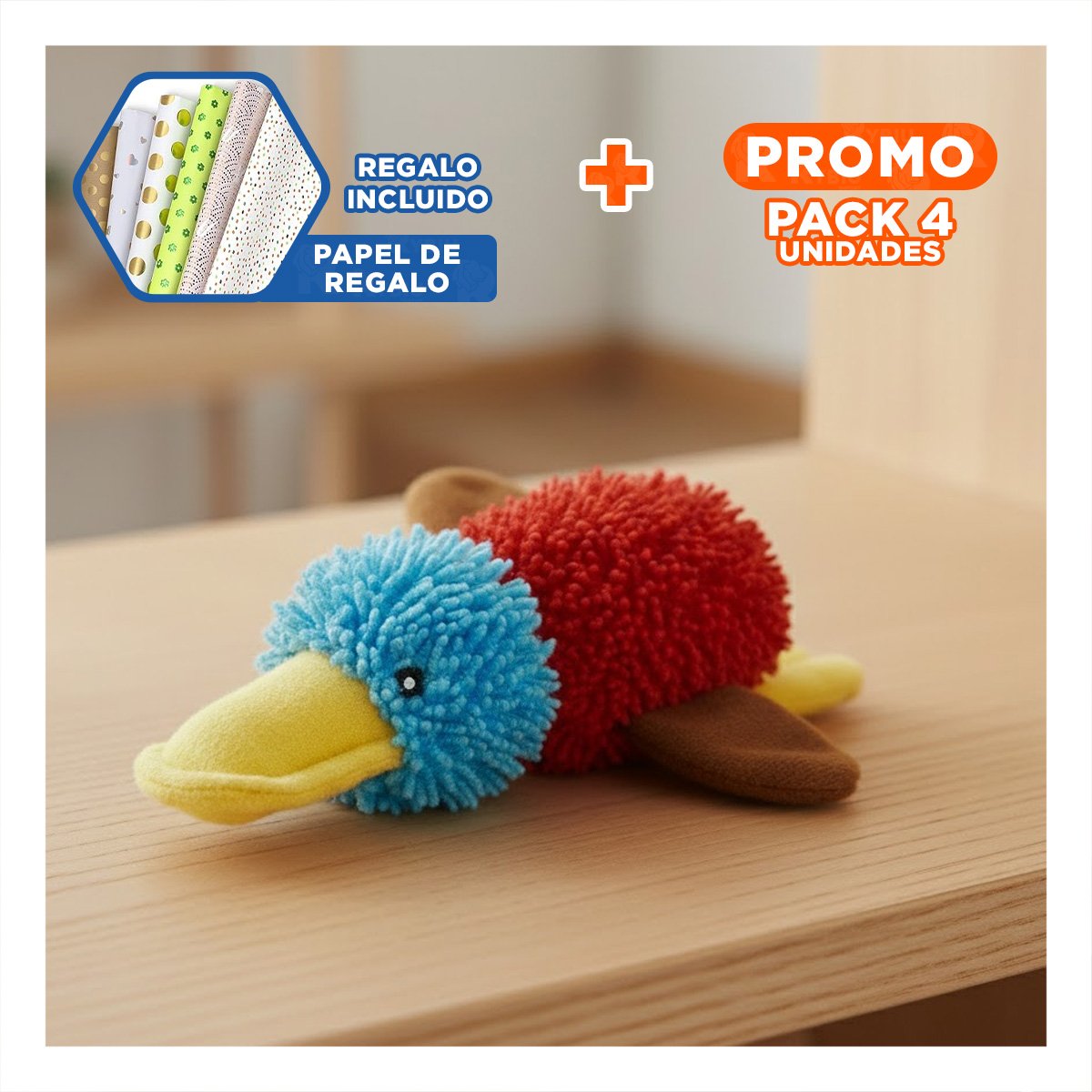 PACK4 JUGUETE PATO PARA MASCOTAS QUE BUSCAN DIVERSION ROJO CELESTE Y+PAPEL REGALO - 1