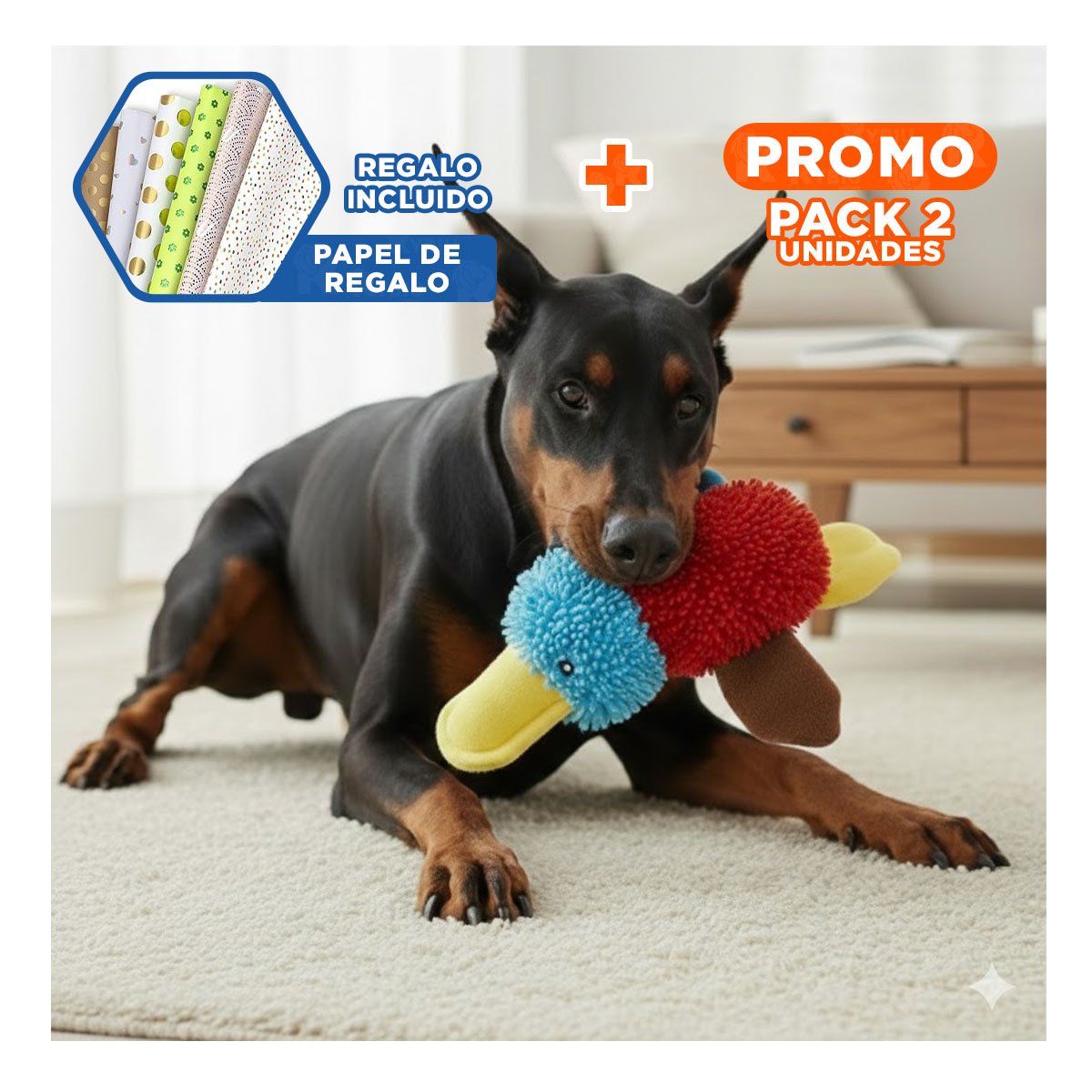 PACK2 JUGUETE PATO PARA TIRAR, ABRAZAR Y EXPLORAR ROJO CELESTE Y+PAPEL REGALO - 1