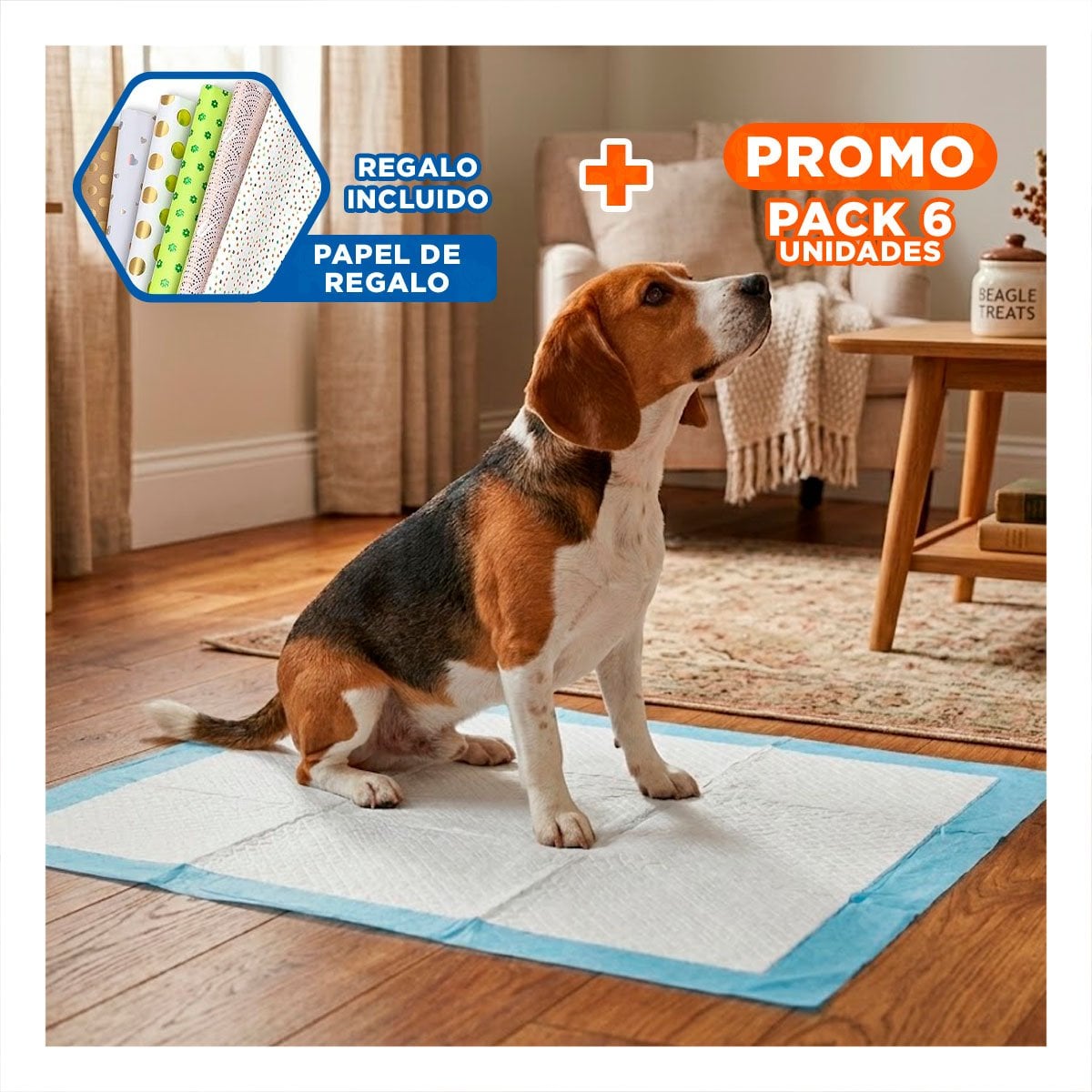 PACK6 ABSORBENTE PARA MASCOTAS 60X60 TALLA L CELESTE USO EN PISO INTERIOR Y+PAPEL REGALO - 1