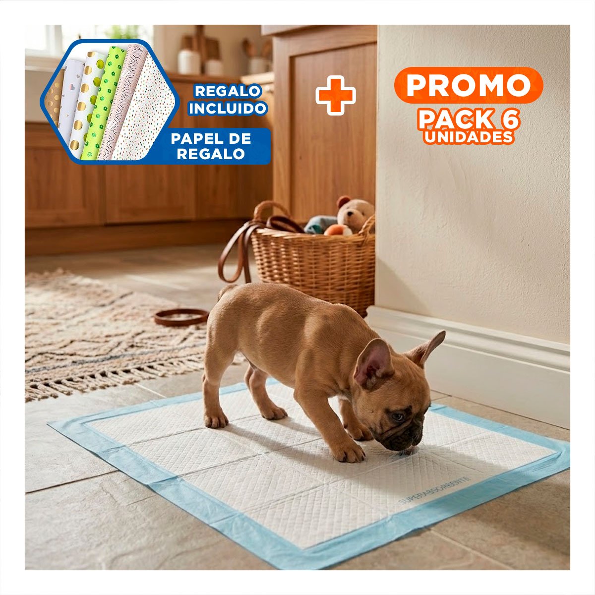 PACK6 ABSORBENTE PARA MASCOTAS 45X60 TALLA M USO EN PISO INTERIOR HOGAR Y+PAPEL REGALO - 1