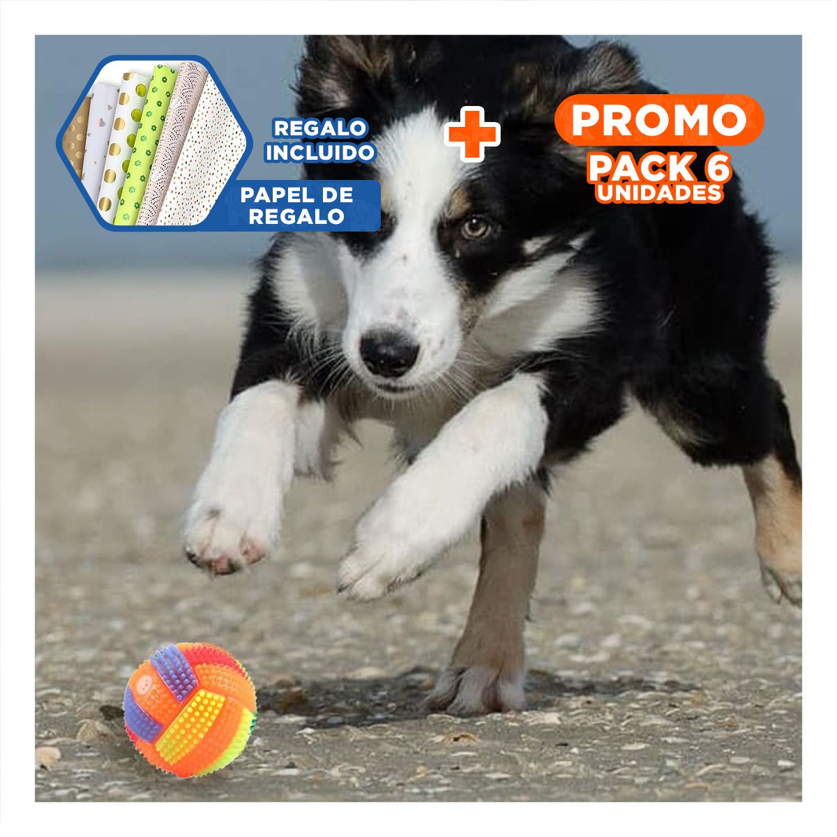 PACK6 ELEMENTO CON LUCES Y SONIDO QUE MANTIENE ACTIVAS A MASCOTAS NARANJA Y+PAPEL REGALO - 1