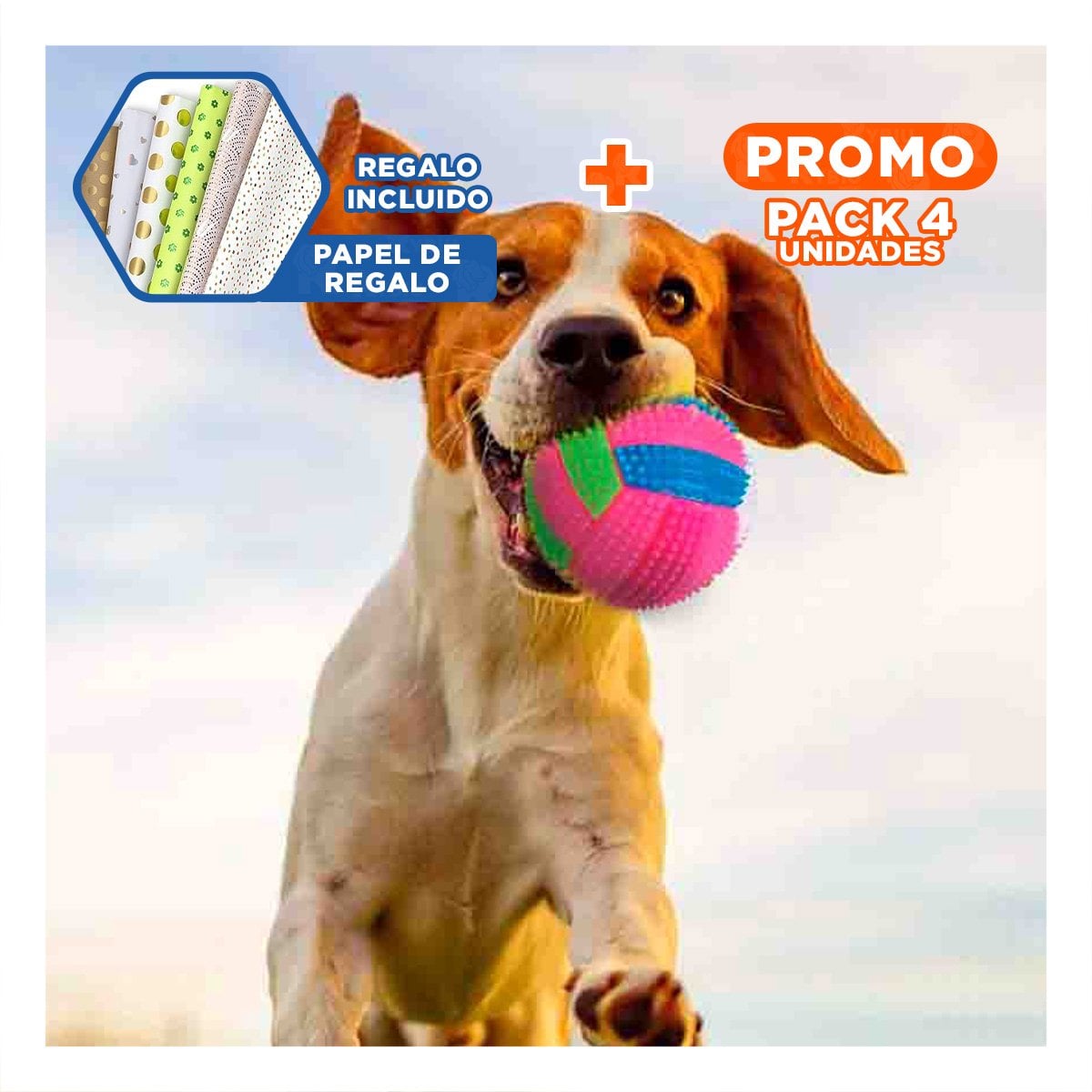 PACK4 JUGUETE PARA PERROS Y GATOS CON RAYAS MULTICOLOR Y SONIDO ROSADO Y+PAPEL REGALO - 1
