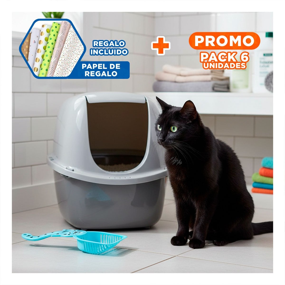PACK6 UTENSILIO COMPACTA CARA DE GATO AZUL PARA CASA Y HOGAR BLANCO Y+PAPEL REGALO - 1