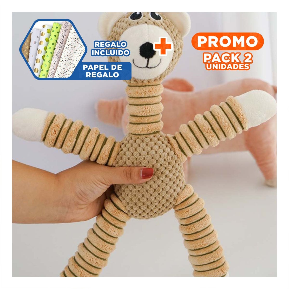 PACK2 AMIGO DE PELUCHE INTERACTIVO PARA PERROS Y GATOS MOSTAZA Y+PAPEL REGALO - 1