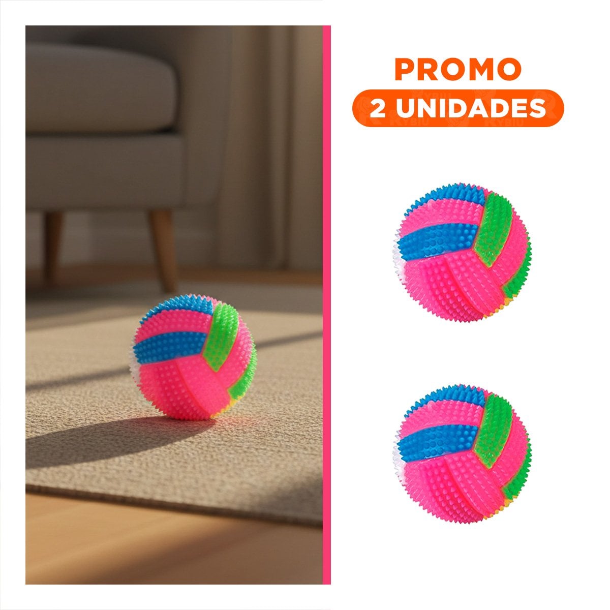 PACK2 JUGUETE PARA MASCOTAS CON RAYAS MULTICOLOR QUE EMITE LUZ Y SONIDO ROSADO - 1