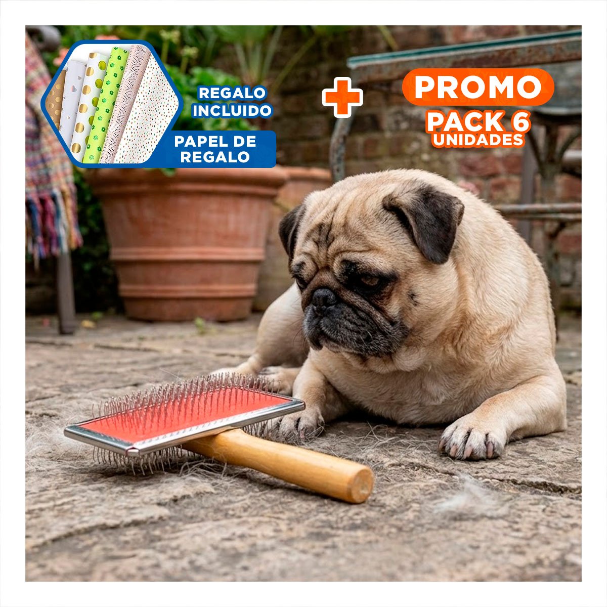 PACK6 PEINE DURADERO METAL ROJO CON MANGO DE MADERA PARA MASCOTAS Y+PAPEL REGALO - 1