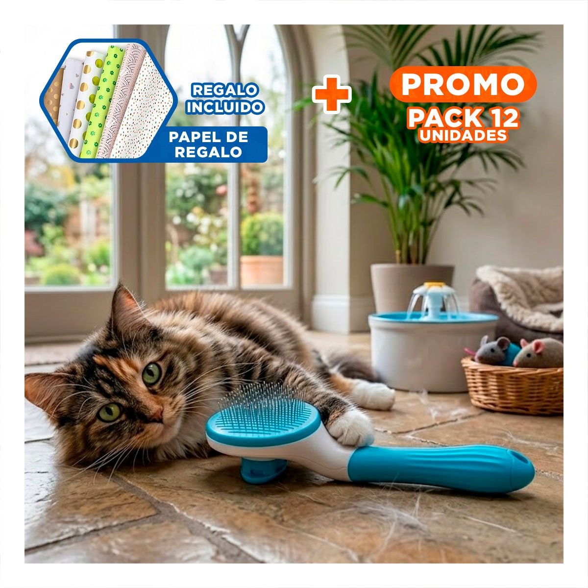 PACK12 PEINE MODERNO CON EXPULSADOR DE PELUSA PARA PRENDAS EN CASA Y+PAPEL REGALO - 1