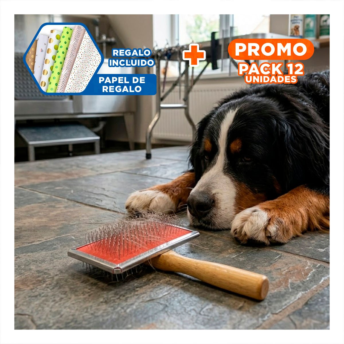 PACK12 CARDA DURADERA METAL CON MANGO DE MADERA PARA MASCOTAS Y+PAPEL REGALO - 1