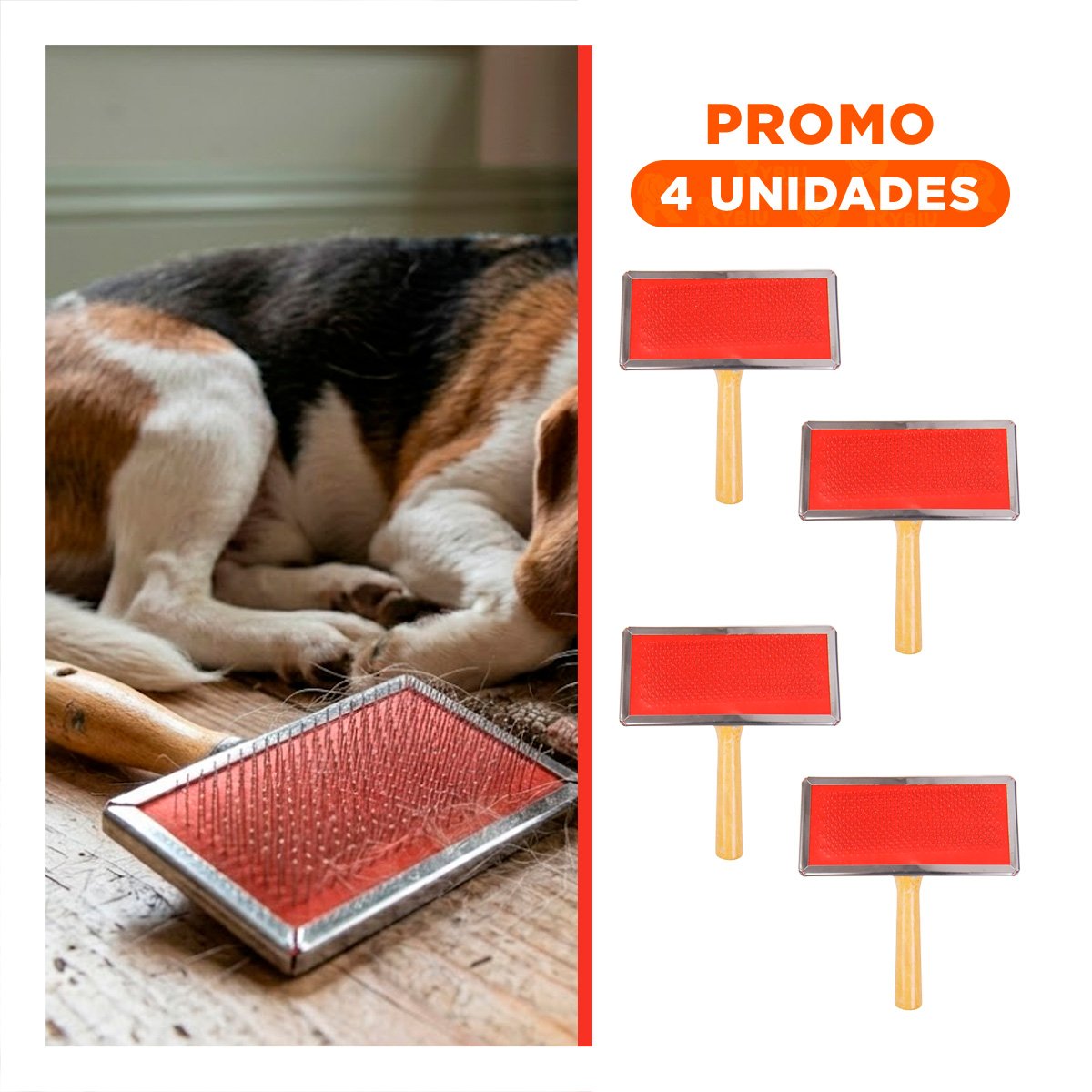 PACK4 CARDA RESISTENTE METAL ROJA CON MANGO DE MADERA PARA MASCOTAS Y+REGALO STICKER - 1