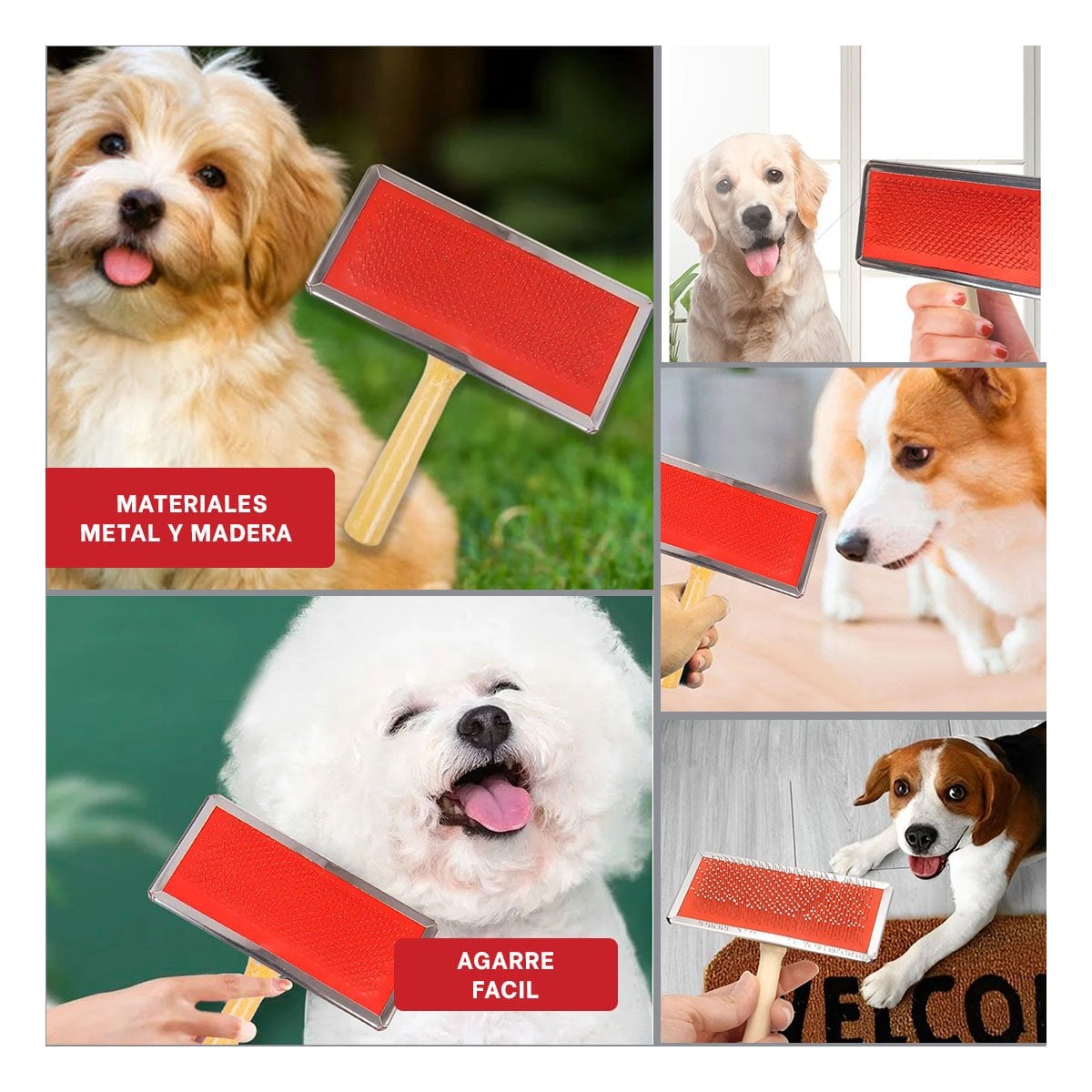 PACK4 CARDA RESISTENTE METAL ROJA CON MANGO DE MADERA PARA MASCOTAS Y+REGALO STICKER - 2