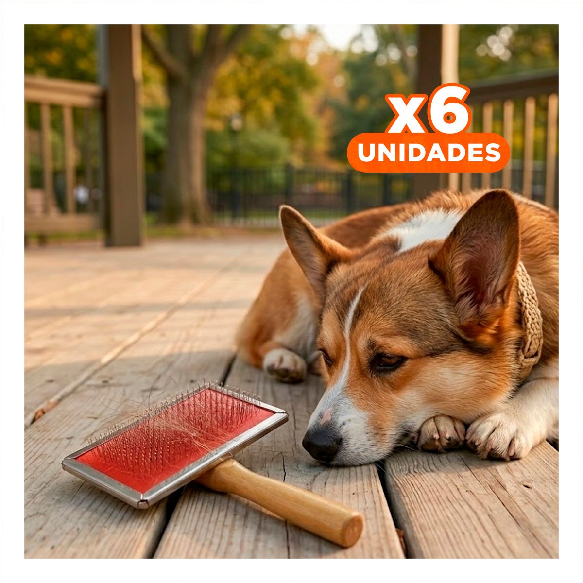 PACK6 CEPILLO ERGONOMICO METAL ROJO CON MANGO DE MADERA PARA MASCOTAS Y+REGALO STICKER - 1