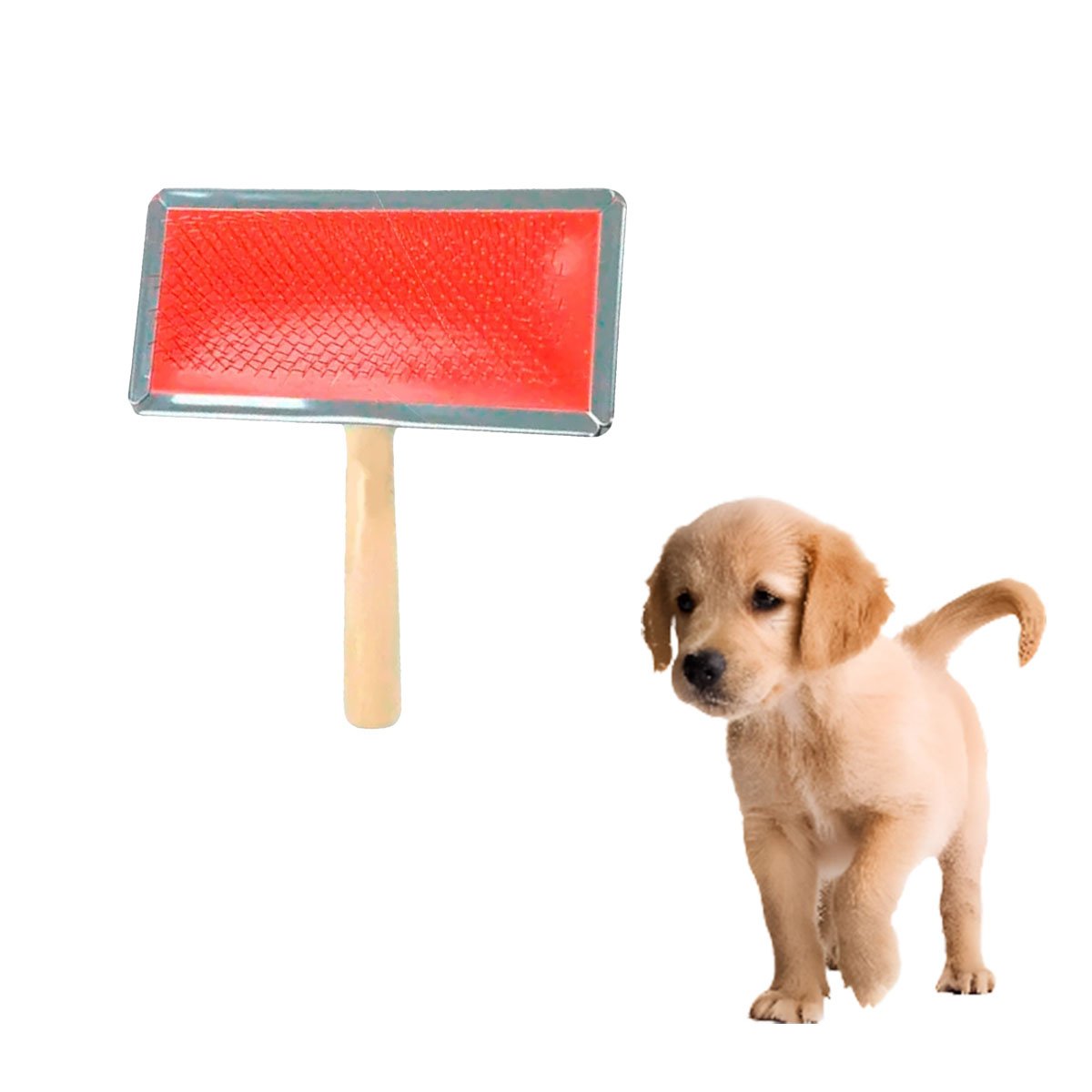 PACK6 CEPILLO ERGONOMICO METAL ROJO CON MANGO DE MADERA PARA MASCOTAS Y+REGALO STICKER - 2