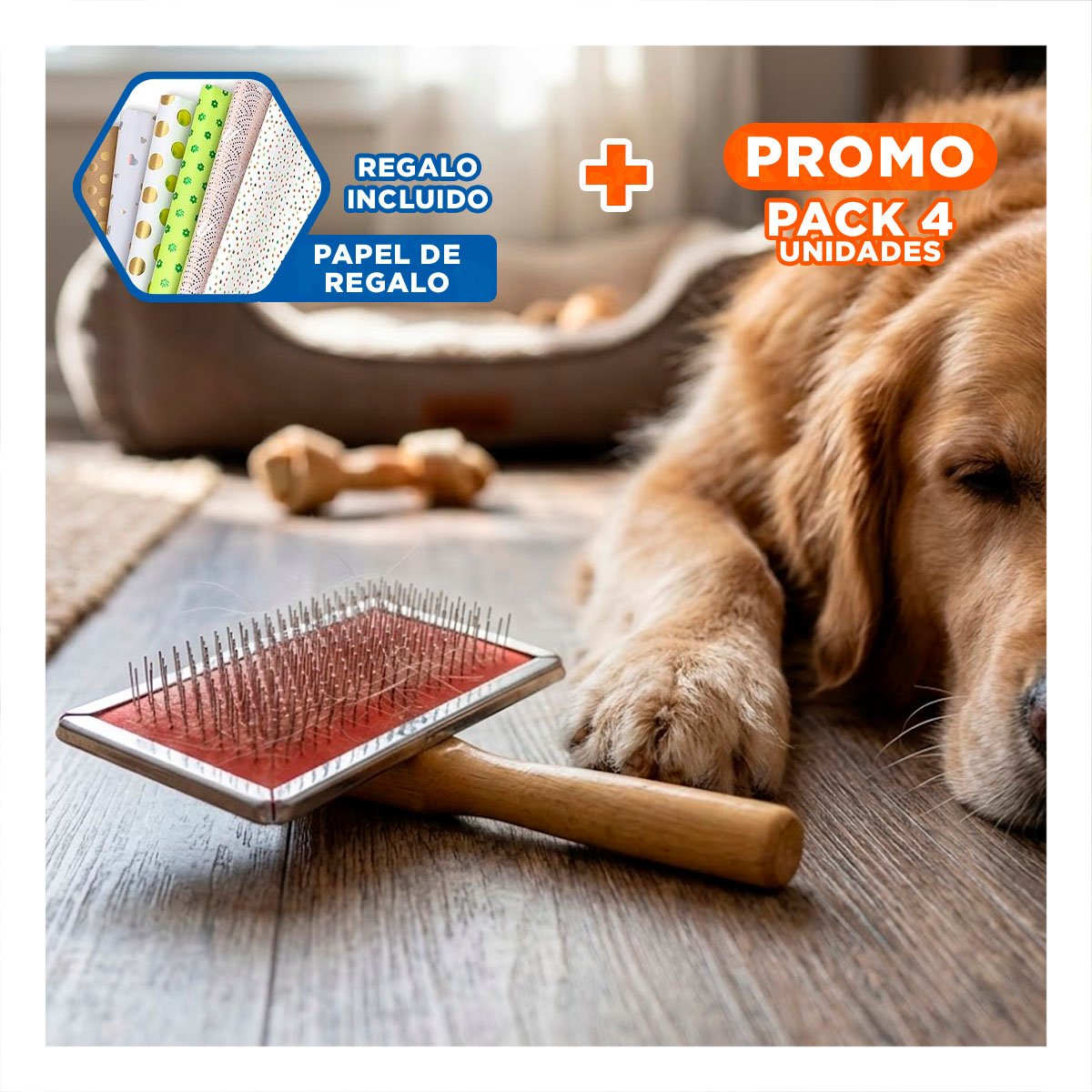 PACK4 PEINETA RESISTENTE METAL CON MANGO DE MADERA PARA MASCOTAS Y+PAPEL REGALO - 1
