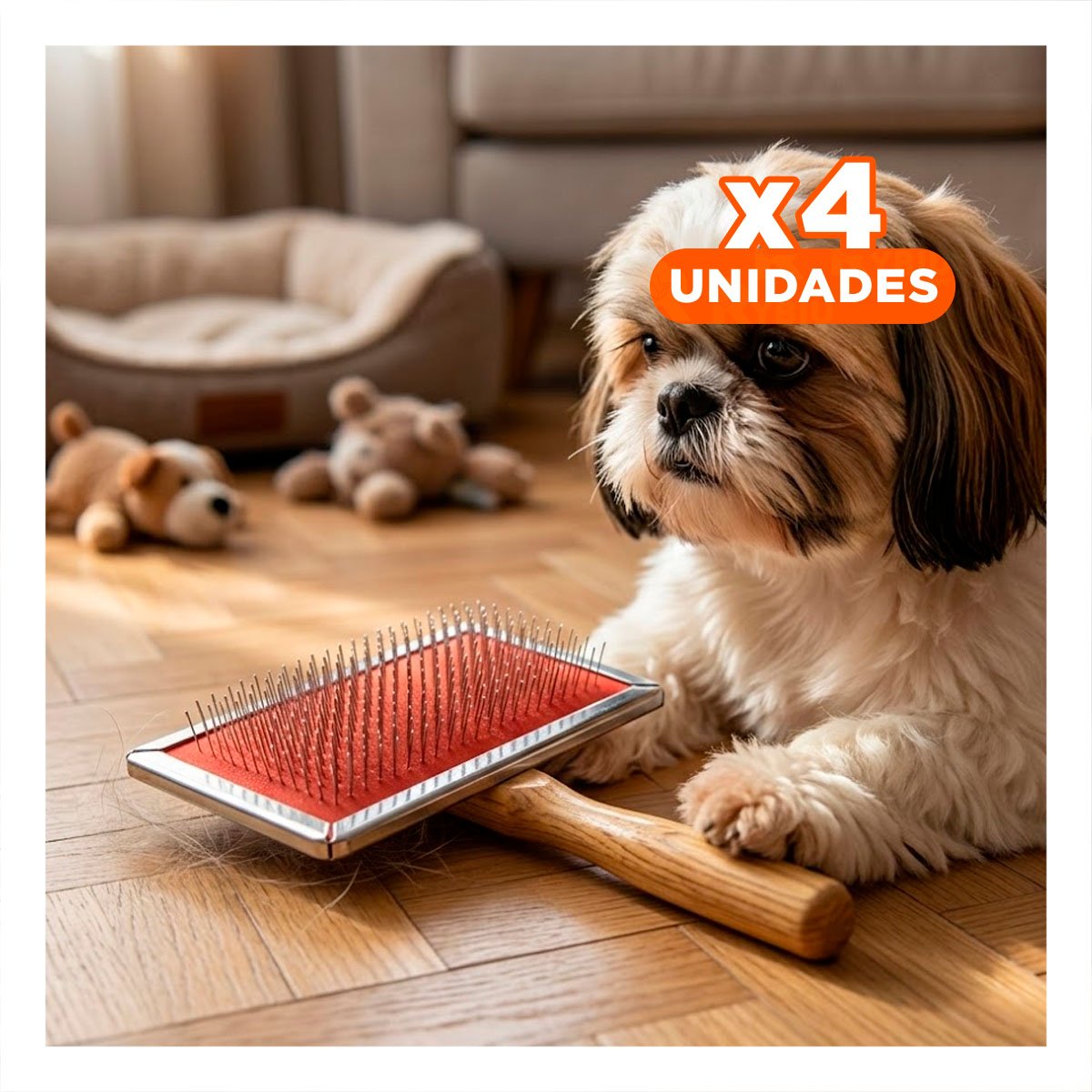 PACK4 CEPILLO DURADERO METAL ROJO CON MANGO DE MADERA PARA MASCOTAS - 1
