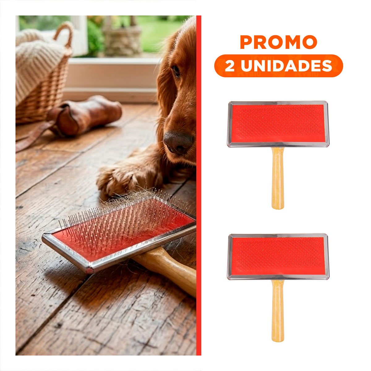 PACK2 CARDA PROFESIONAL METAL ROJA CON MANGO DE MADERA PARA MASCOTAS - 1