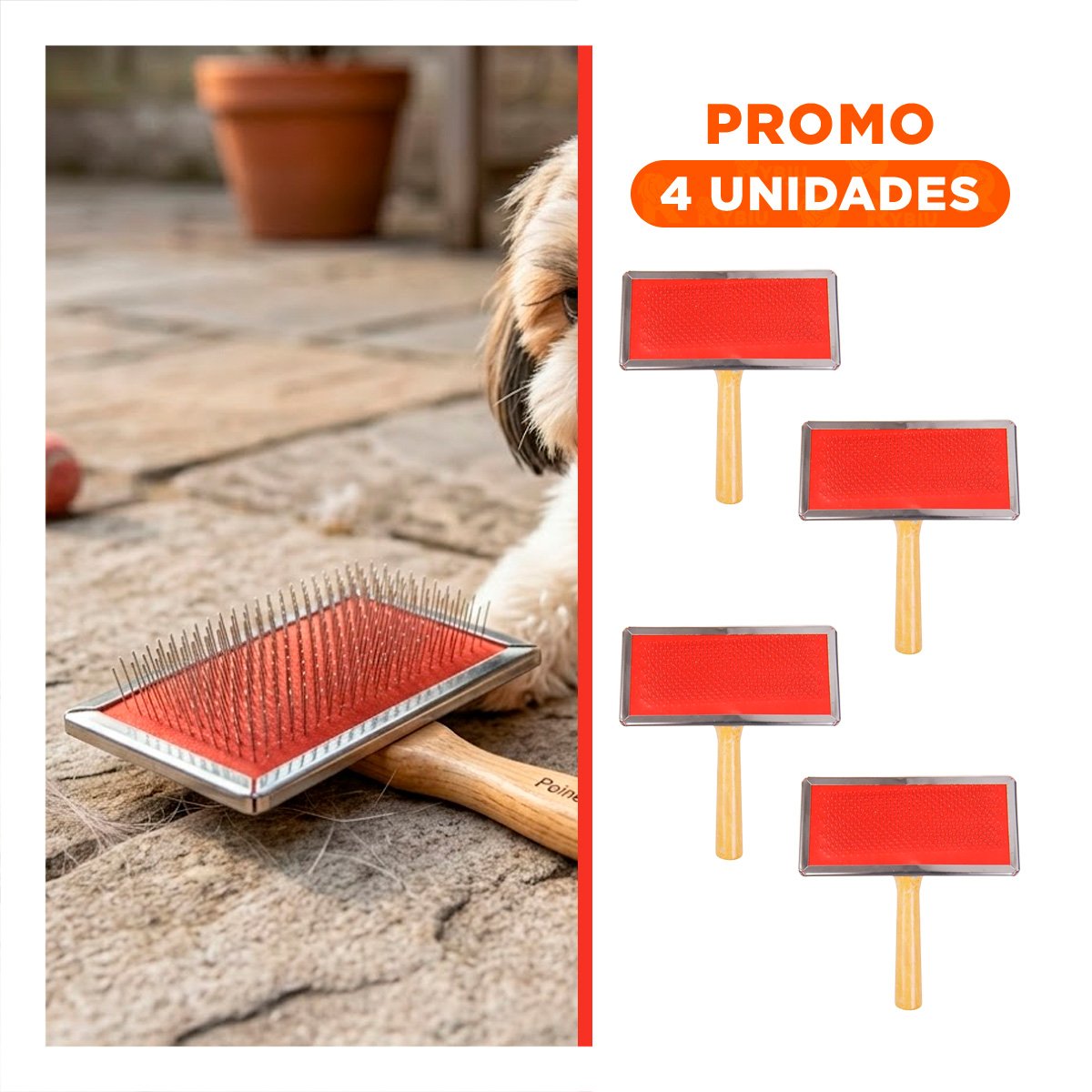 PACK4 CARDA DURADERA METAL ROJA CON MANGO DE MADERA PARA MASCOTAS Y+REGALO STICKER - 1