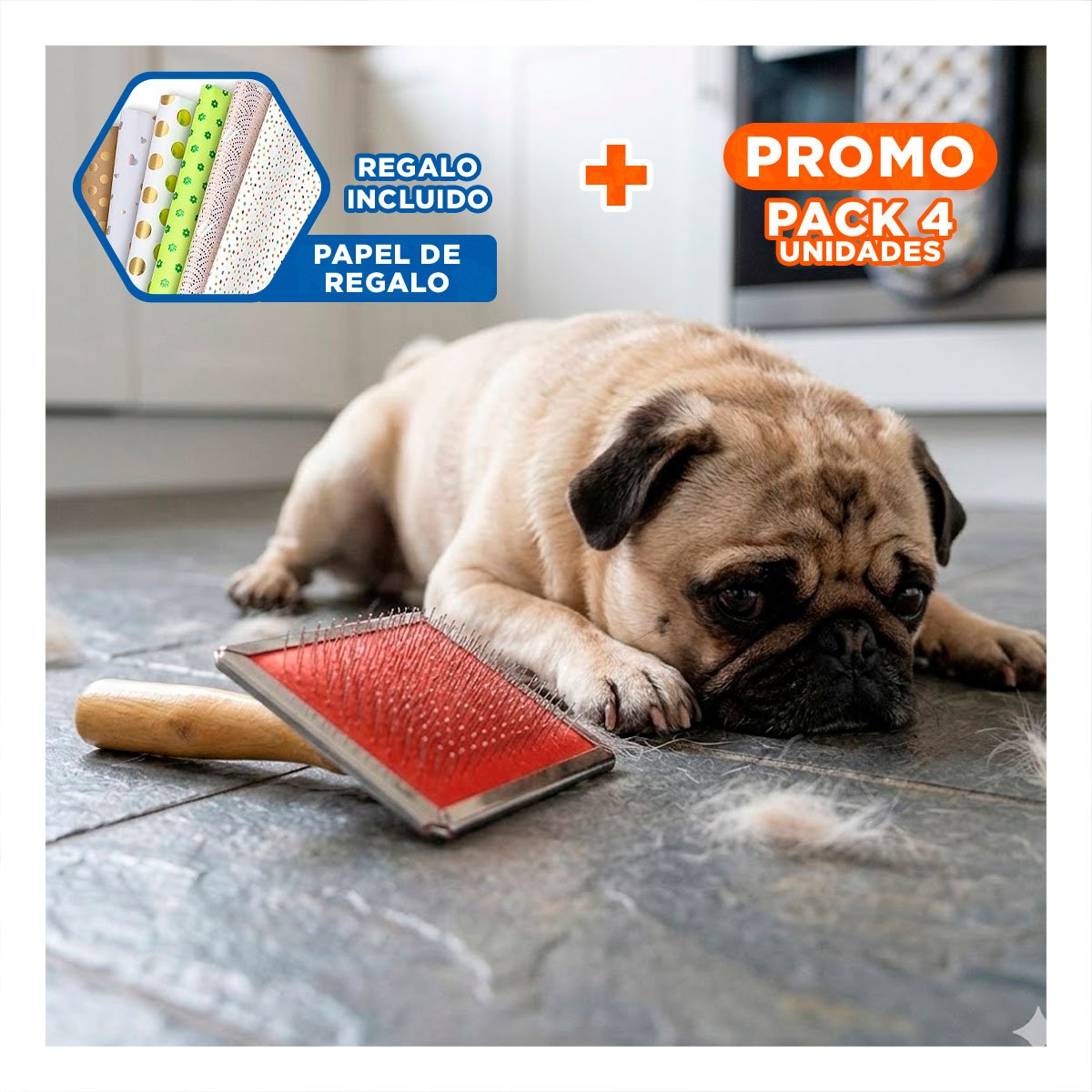 PACK4 PEINETA DURADERA METAL ROJA CON MANGO DE MADERA PARA MASCOTAS Y+PAPEL REGALO - 1