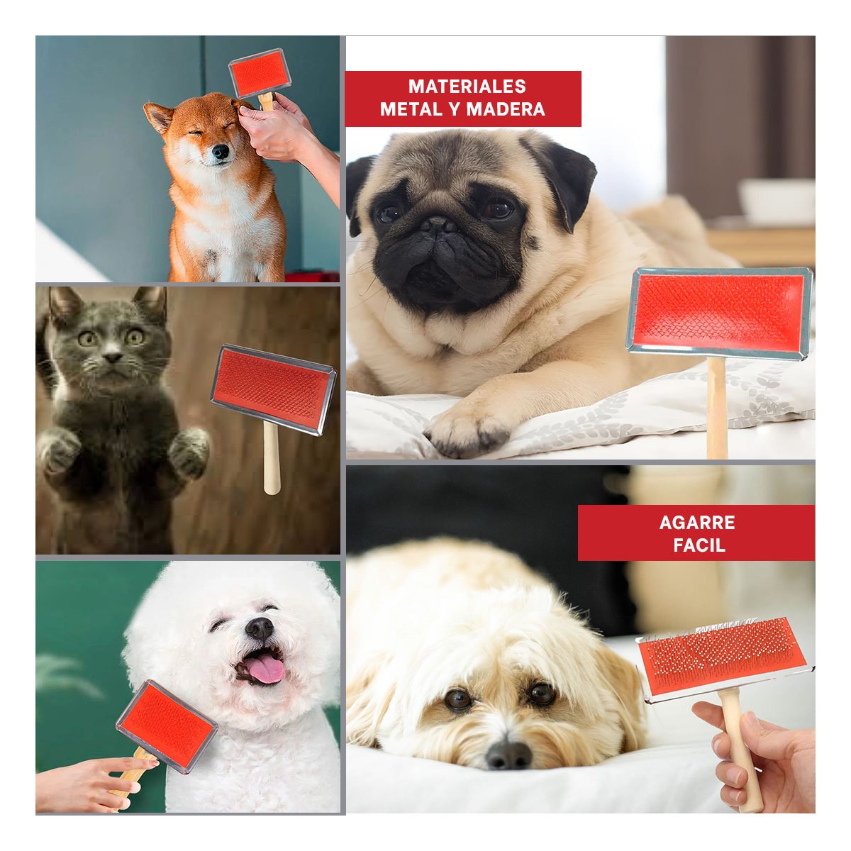 PACK12 CARDA ERGONOMICA METAL ROJA CON MANGO DE MADERA PARA MASCOTAS Y+PAPEL REGALO - 2