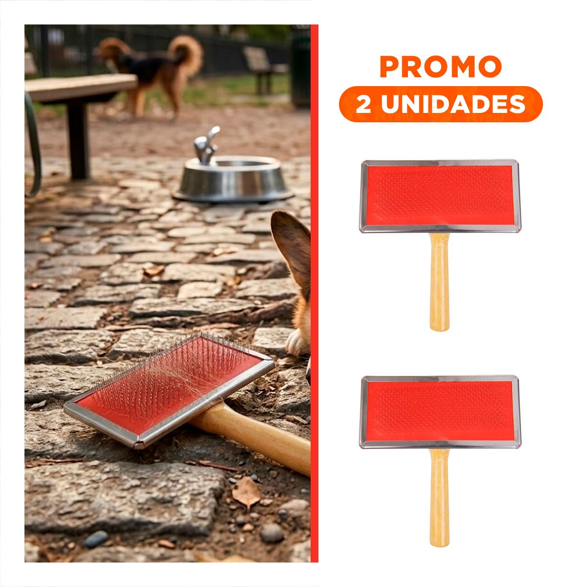 PACK2 CARDA RESISTENTE METAL ROJA CON MANGO DE MADERA PARA MASCOTAS - 1