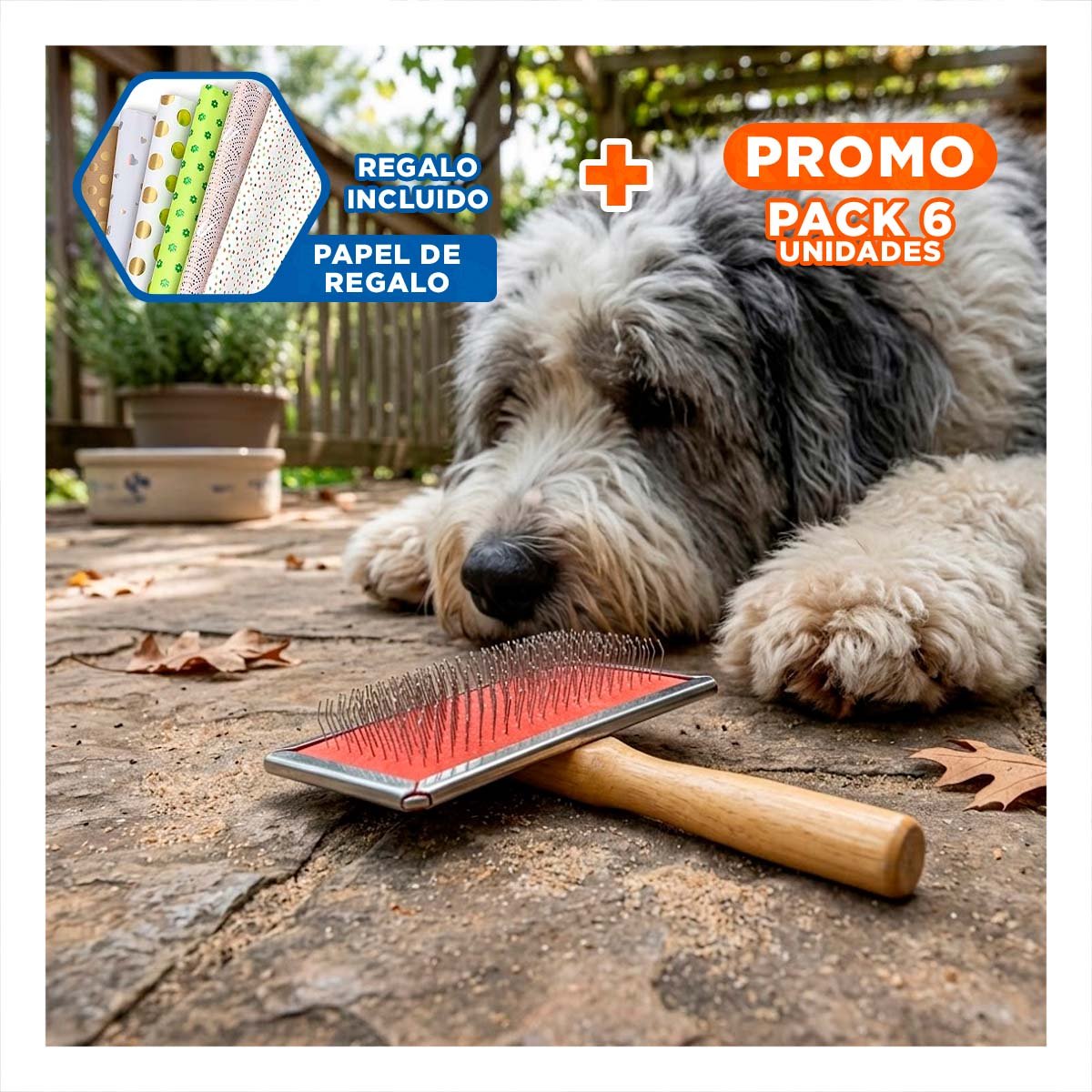 PACK6 PEINE RESISTENTE METAL CON MANGO DE MADERA PARA MASCOTAS Y+PAPEL REGALO - 1