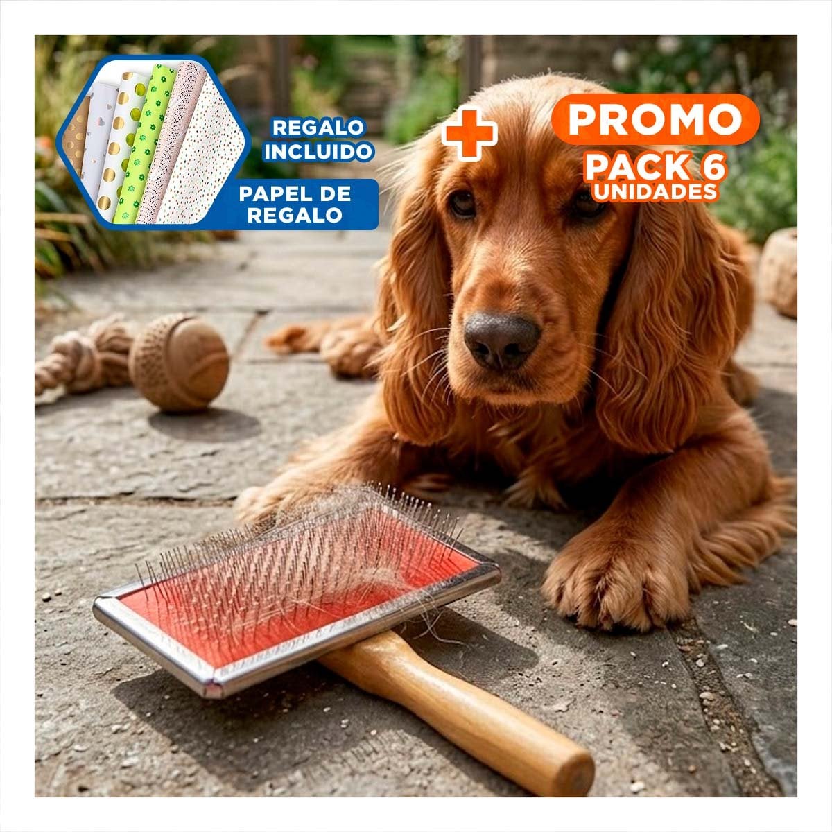 PACK6 PEINE RESISTENTE METAL ROJO CON MANGO DE MADERA PARA MASCOTAS Y+PAPEL REGALO - 1