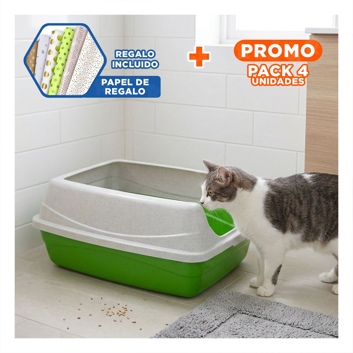 PACK4 ARENERA FUNCIONAL SEMICERRADA VERDE PARA GATOS PARA INTERIOR Y+PAPEL REGALO - 1