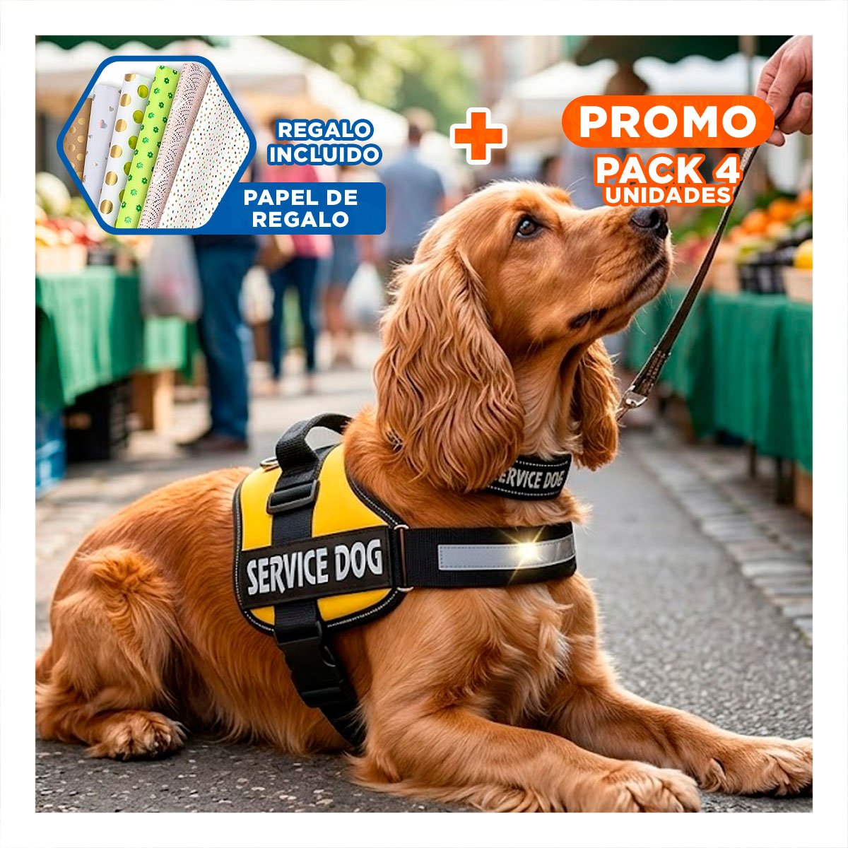 PACK4 PECHERA AJUSTABLE PARA PERRO DE SERVICIO TALLA M AMARILLO Y+PAPEL REGALO - 1
