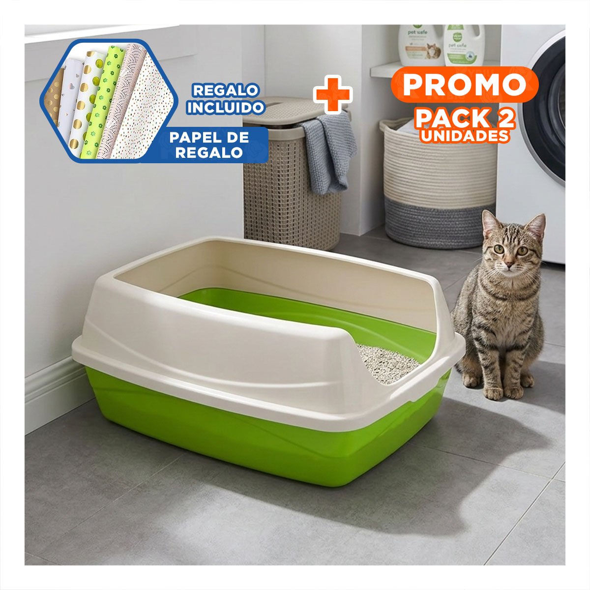 PACK2 BANDEJA CERRADA VERDE PARA GATOS CON DISENO FUNCIONAL Y+PAPEL REGALO - 1