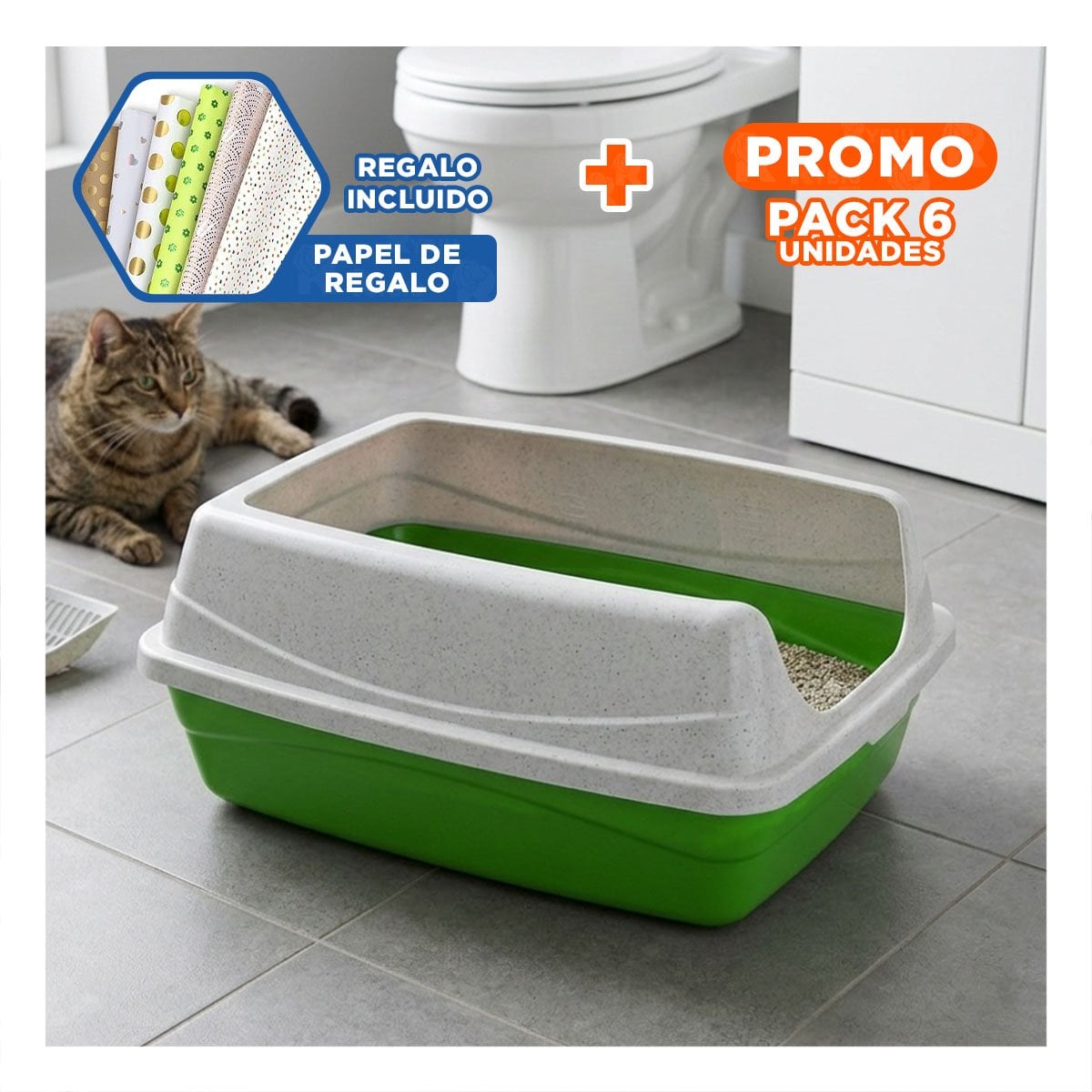 PACK6 DEPOSITO HIGIENICO VERDE PARA GATOS CON DISENO CERRADO Y+PAPEL REGALO - 1