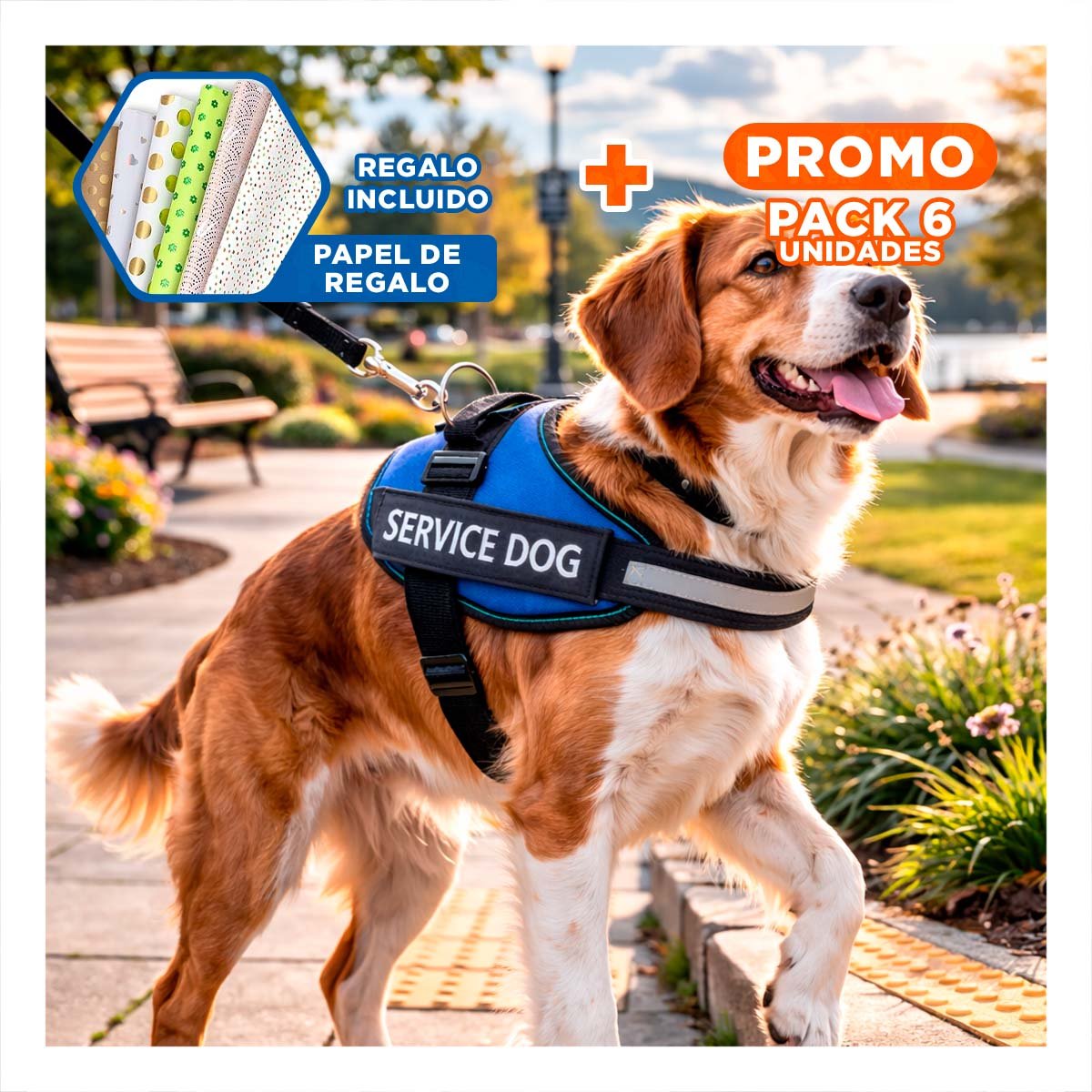 PACK6 CINTURON AJUSTABLE PARA PERRO DE SERVICIO TALLA M AZUL Y+PAPEL REGALO - 1