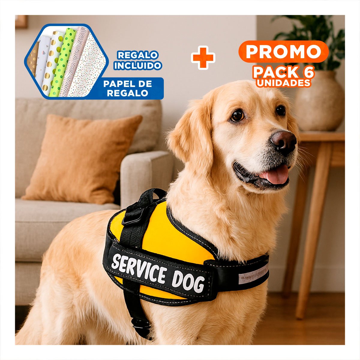 PACK6 CINTURON AJUSTABLE PARA PERRO DE SERVICIO TALLA M AMARILLO Y+PAPEL REGALO - 1