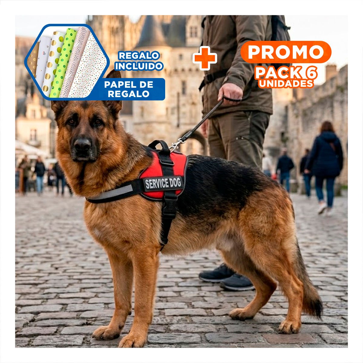 PACK6 PECHERA AJUSTABLE PARA PERRO DE SERVICIO TALLA L ROJO Y+PAPEL REGALO - 1