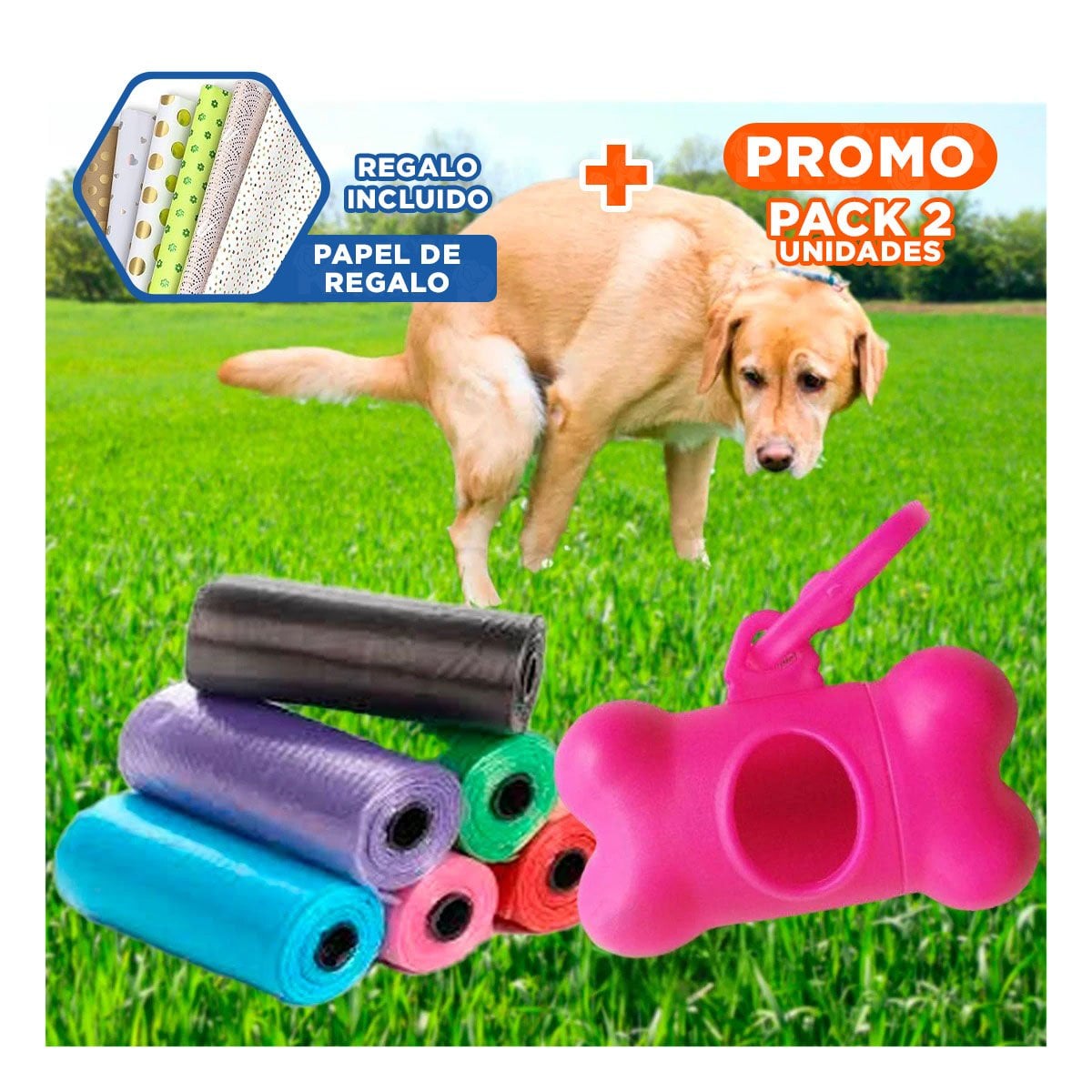 PACK2 DISPENSADOR LIGERO CON 5 BOLSAS EN FORMA DE HUESO ROSADO PORTATIL Y+PAPEL REGALO - 1
