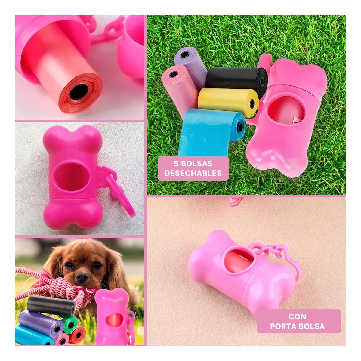 PACK2 DISPENSADOR LIGERO CON 5 BOLSAS EN FORMA DE HUESO ROSADO PORTATIL Y+PAPEL REGALO - 3