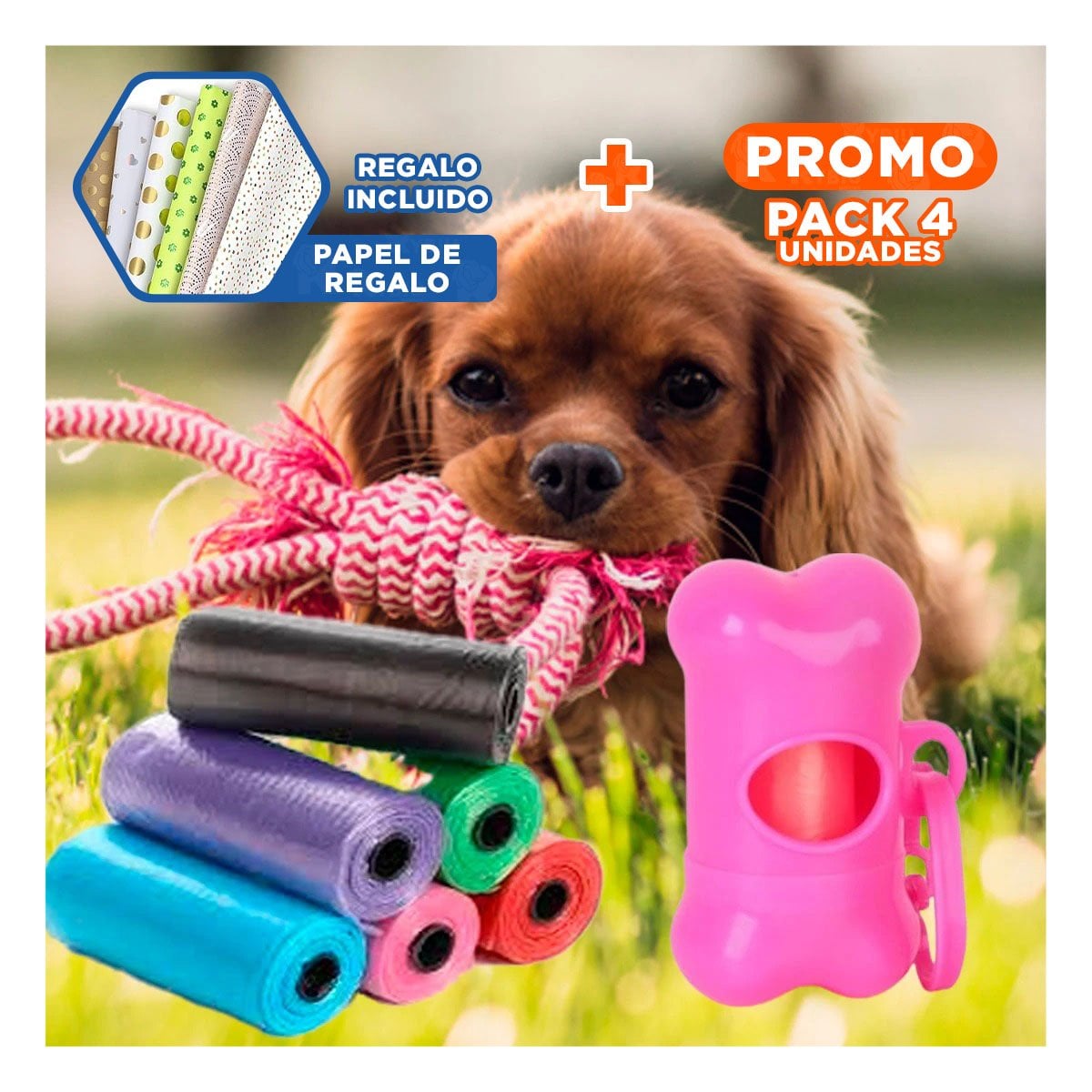 PACK4 ROLLO PRACTICO DE 5 BOLSAS CON PORTA BOLSA ROSADO COMPACTO Y+PAPEL REGALO - 1