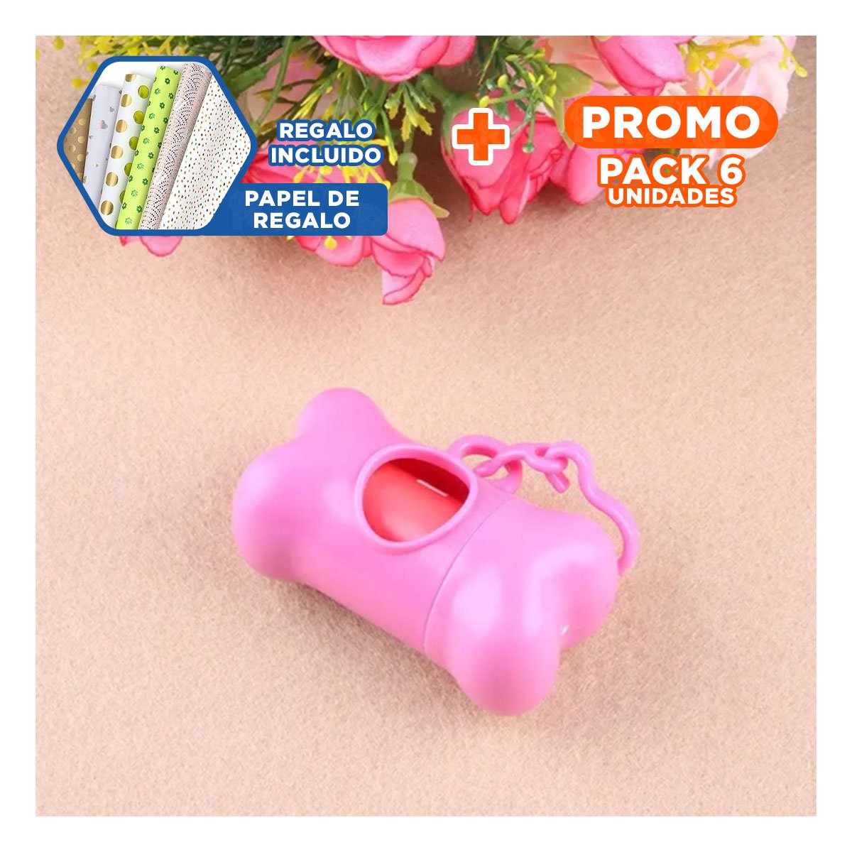 PACK6 ROLLO FUNCIONAL DE 5 BOLSAS EN FORMA DE HUESO ROSADO SEGURO Y+PAPEL REGALO - 1