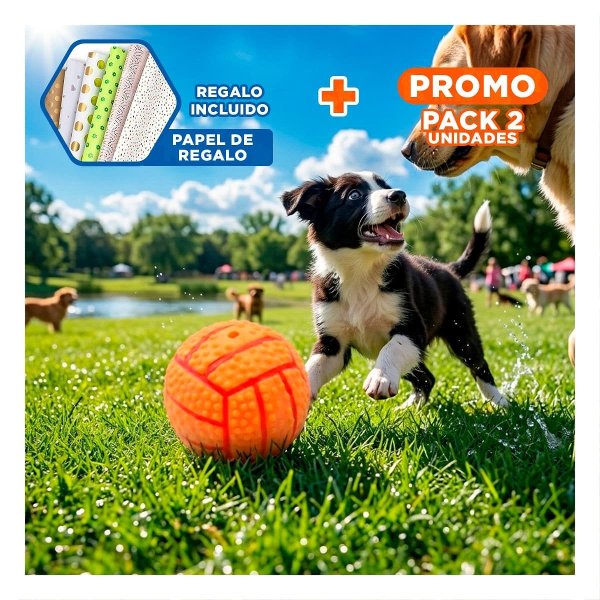 PACK2 ACCESORIO DE JUEGO PARA PERRO DE CAUCHO ANARANJADO CON RAYAS Y SONIDO Y+PAPEL REGALO - 1