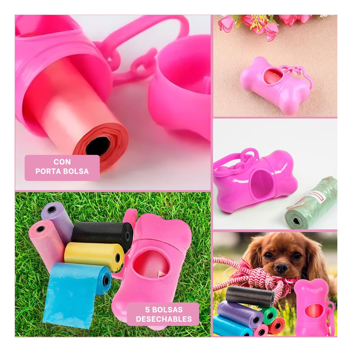 PACK4 ROLLO COMPACTO DE 5 BOLSAS EN FORMA DE HUESO ROSADO RESISTENTE Y+REGALO STICKER - 2