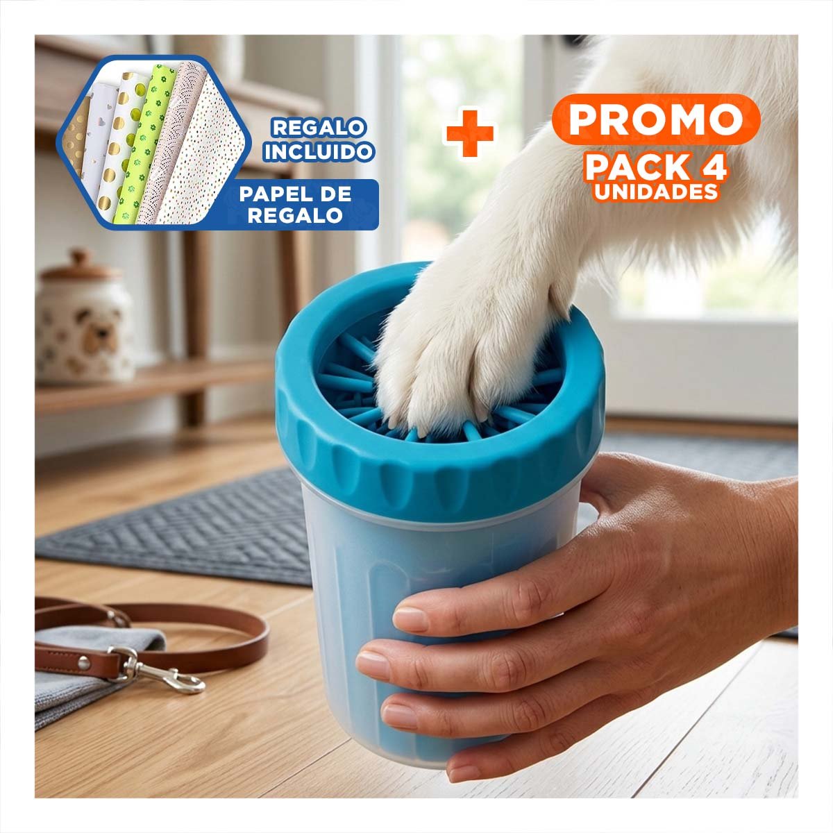 PACK4 HERRAMIENTA INTERACTIVA PARA LIMPIAR PATAS DE MASCOTA CELESTE IDEAL Y+PAPEL REGALO - 1