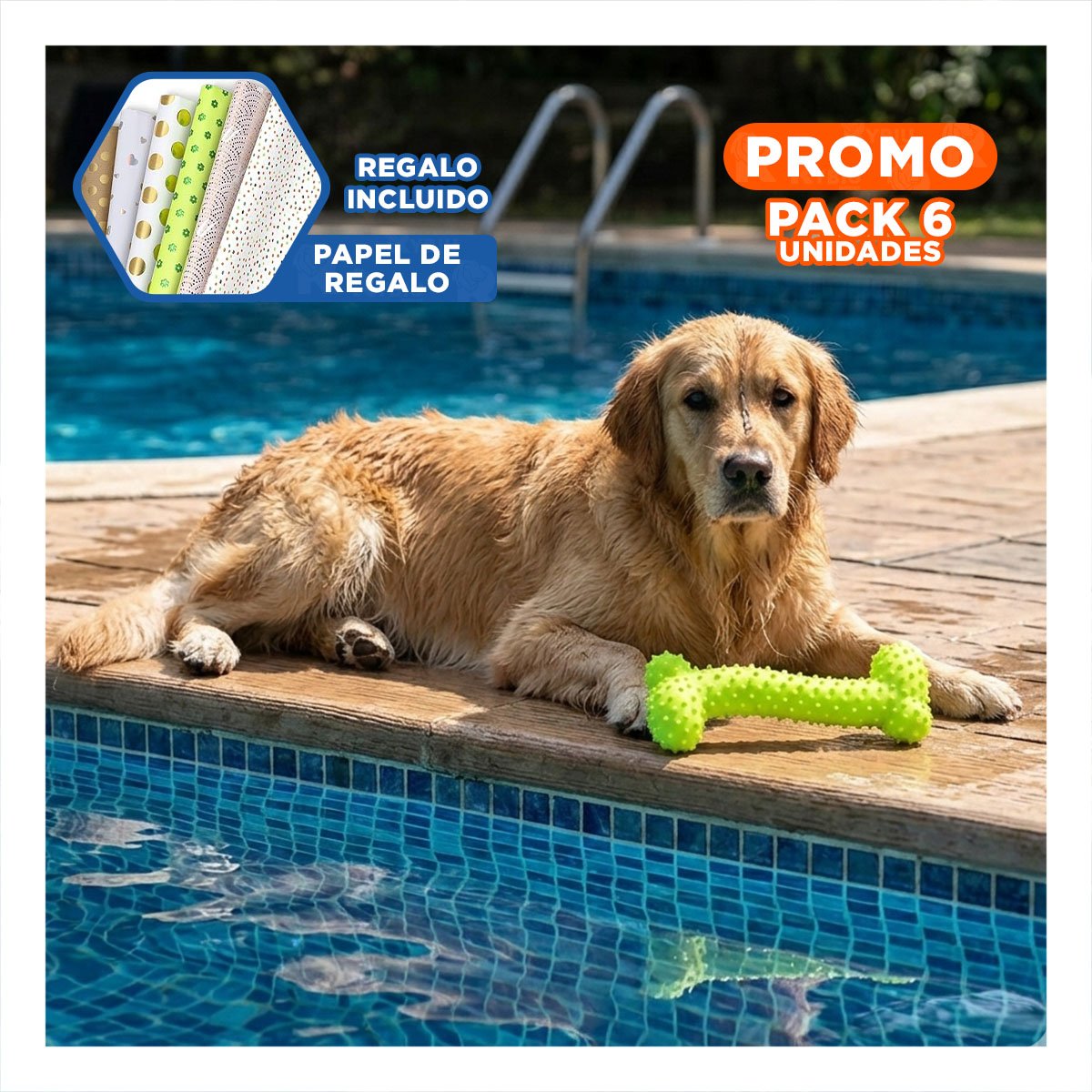 PACK6 SET RESISTENTE DE GOMA MASTICADOR EN FORMA DE HUESO VERDE LIMON SEGURO Y+PAPEL REGALO - 1