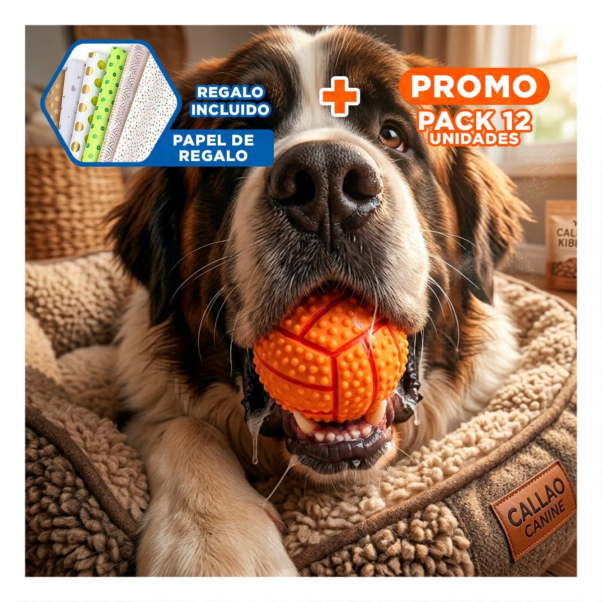 PACK12 KIT PEQUENO PARA PERRO A RAYAS DE CAUCHO ANARANJADO SONIDO SEGURO Y+PAPEL REGALO - 1