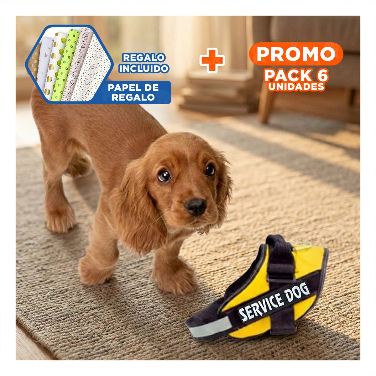 PACK6 CHALECO AJUSTABLE PARA PERRO DE SERVICIO TALLA L AMARILLO Y+PAPEL REGALO - 1