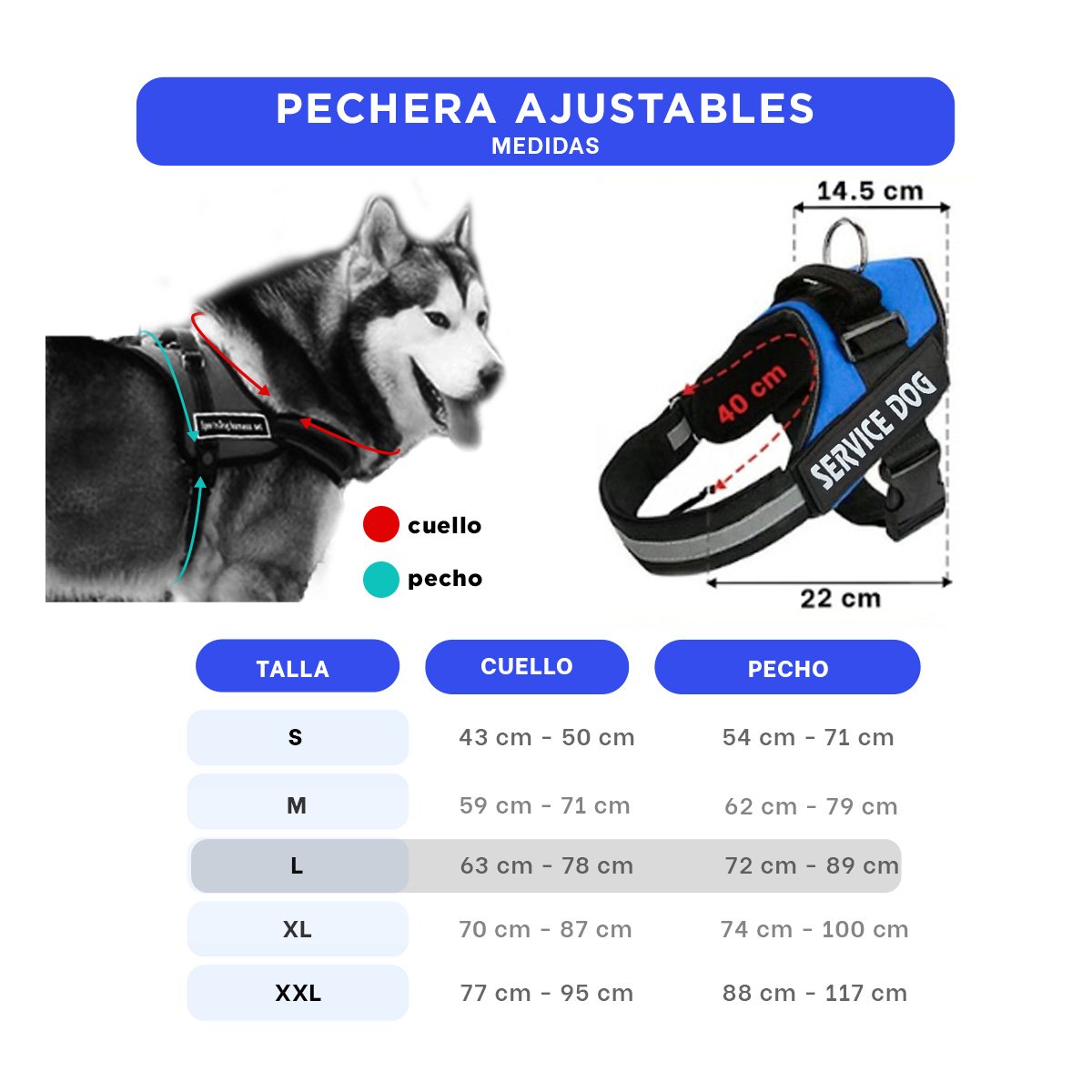 PACK6 CHALECO AJUSTABLE PARA PERRO DE SERVICIO TALLA L AZUL Y+REGALO STICKER - 4