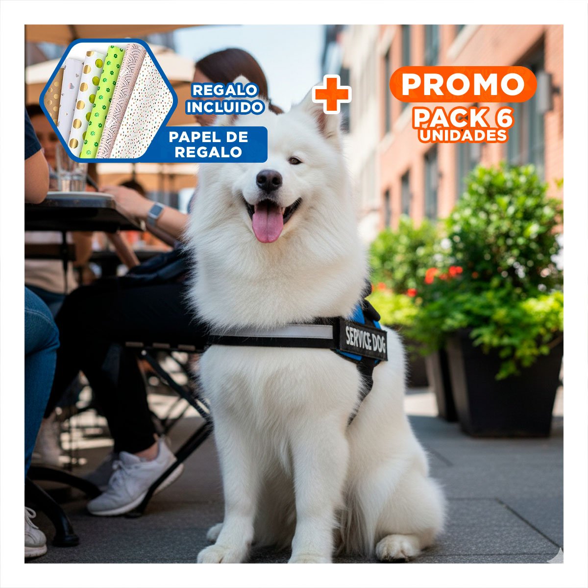 PACK6 PECHERA AJUSTABLE PARA PERRO DE SERVICIO TALLA L AZUL Y+PAPEL REGALO - 1