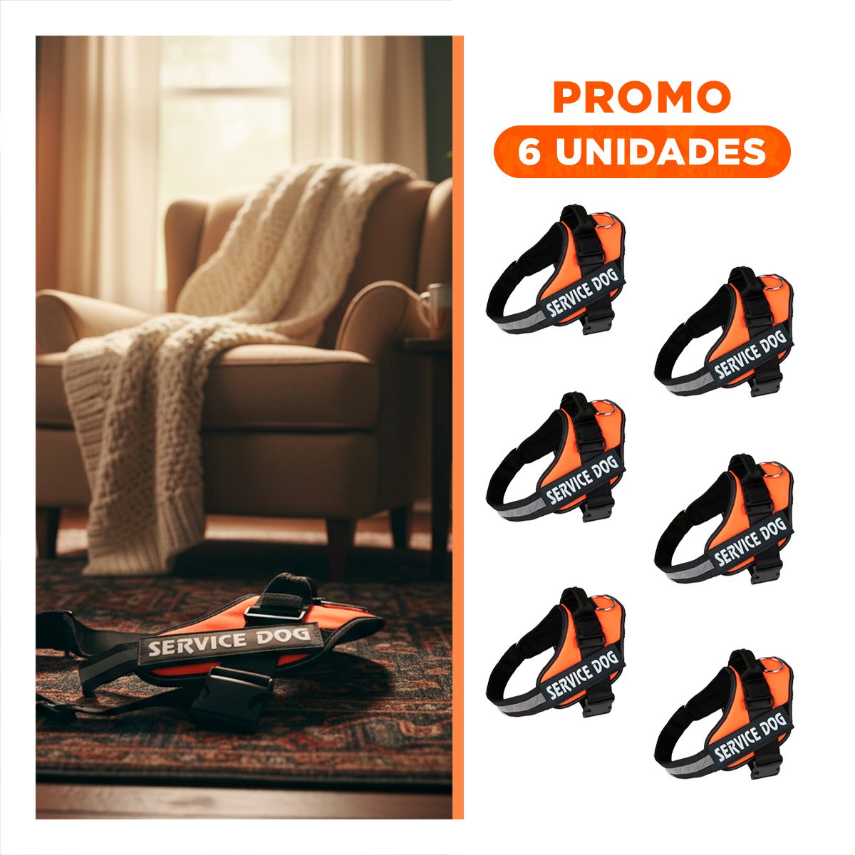 PACK6 ARNES AJUSTABLE PARA PERRO DE SERVICIO TALLA L ANARANJADO - 1