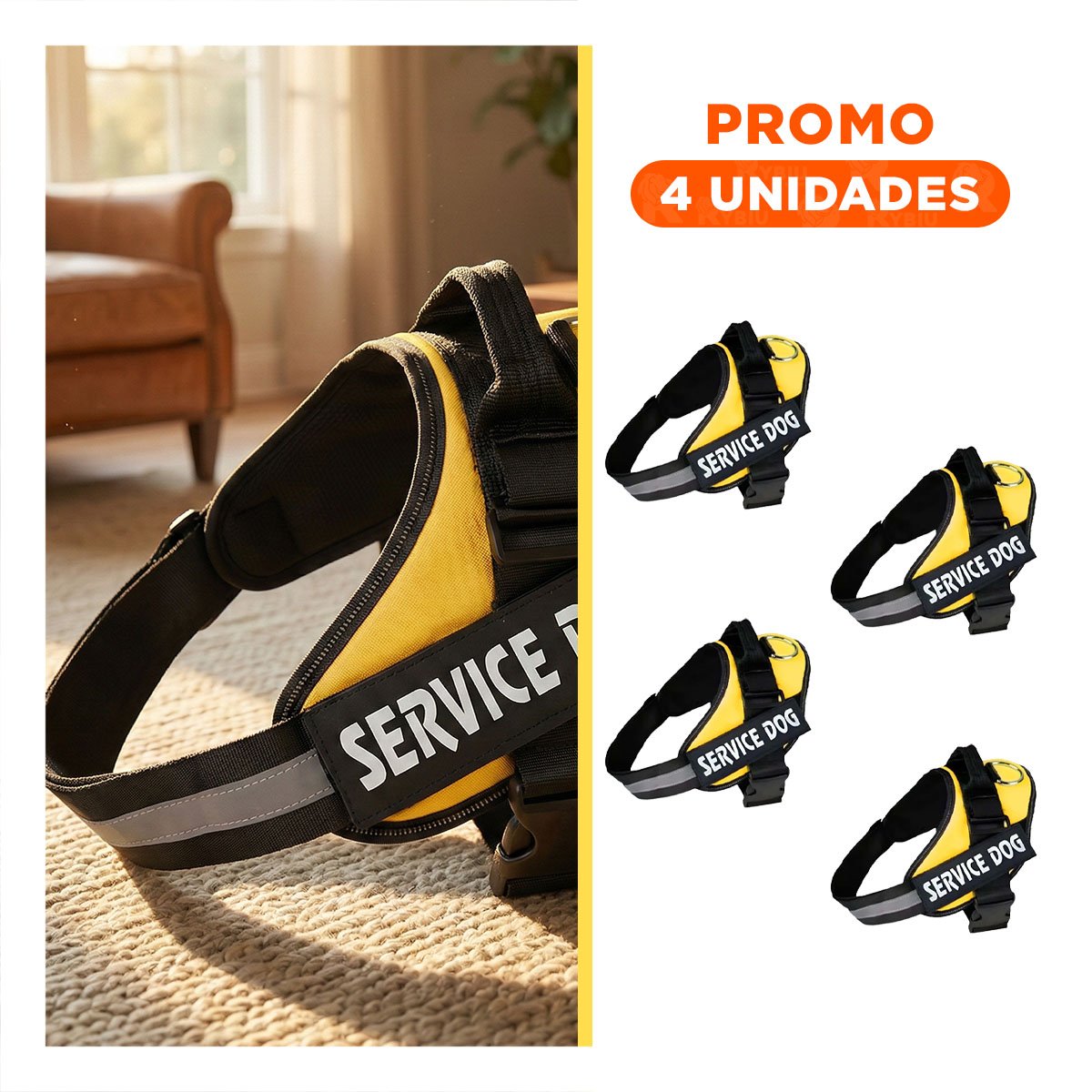 PACK4 ARNES AJUSTABLE PARA PERRO DE SERVICIO TALLA L AMARILLO Y+REGALO STICKER - 1