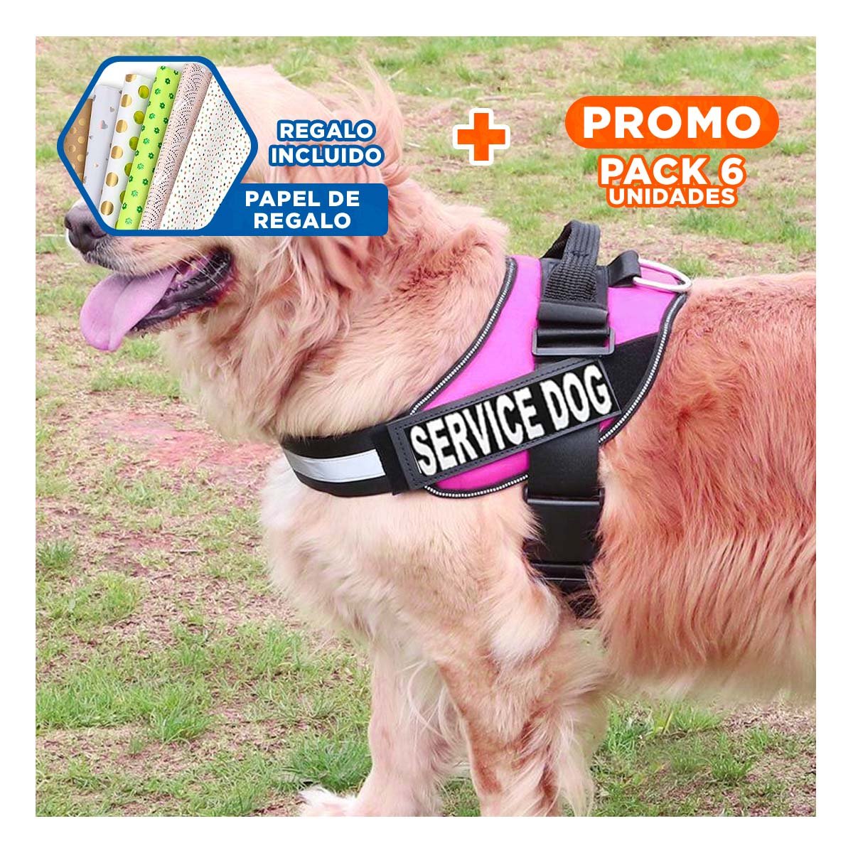 PACK6 CHALECO AJUSTABLE PARA PERRO DE SERVICIO TALLA L ROSADO Y+PAPEL REGALO - 1
