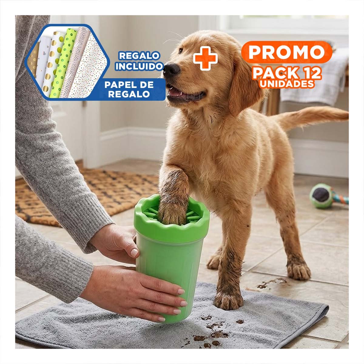 PACK12 CEPILLO PARA LIMPIAR PATAS DE MASCOTA VERDE DISEÑO ERGONÓMICO Y+PAPEL REGALO - 1