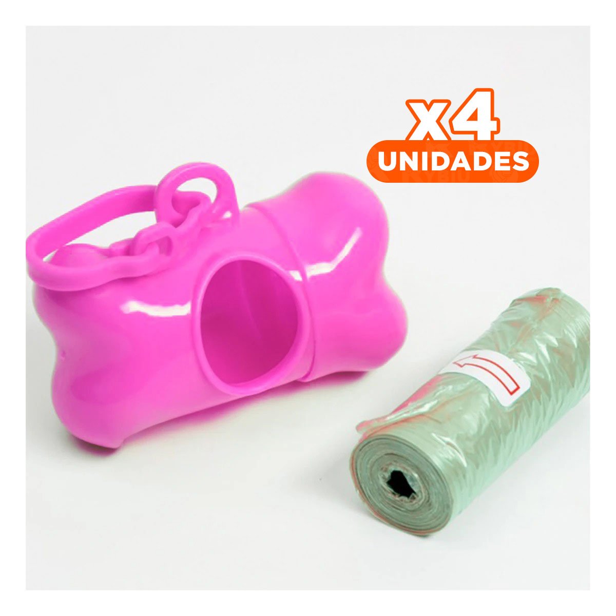 PACK4 ROLLO DE 5 BOLSAS CON PORTA BOLSA EN FORMA DE HUESO ROSADO PRACTICO - 1